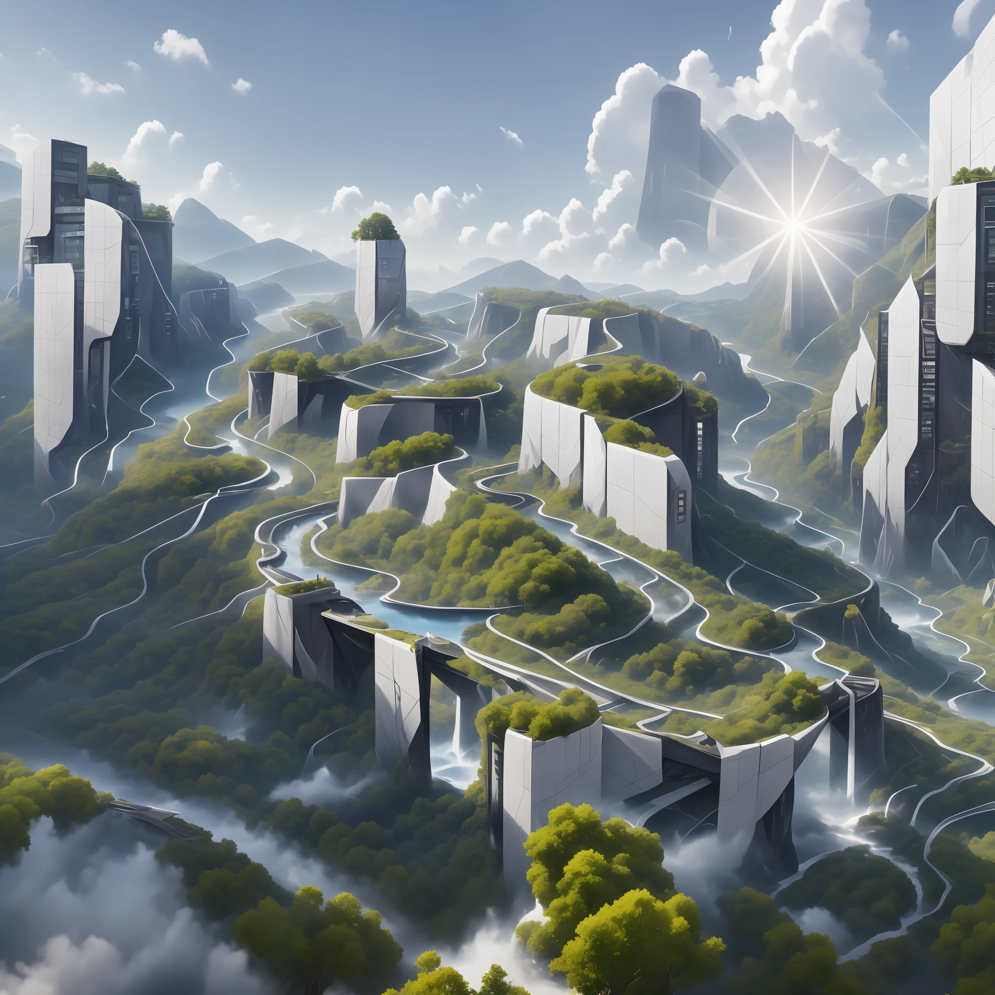 Command: ``/create prompt:an awesome sunny day environment concept art on a cliff with huge waterfalls, nature meets architecture by kengo kuma and wes anderson with village,cliff residential area, mixed development, nature architecture,highrise made up staircases, balconies, full of glass facades, cgsociety, fantastic realism, ray tracing,dark prisms,unreal render,artstation hq model:Sreal``
