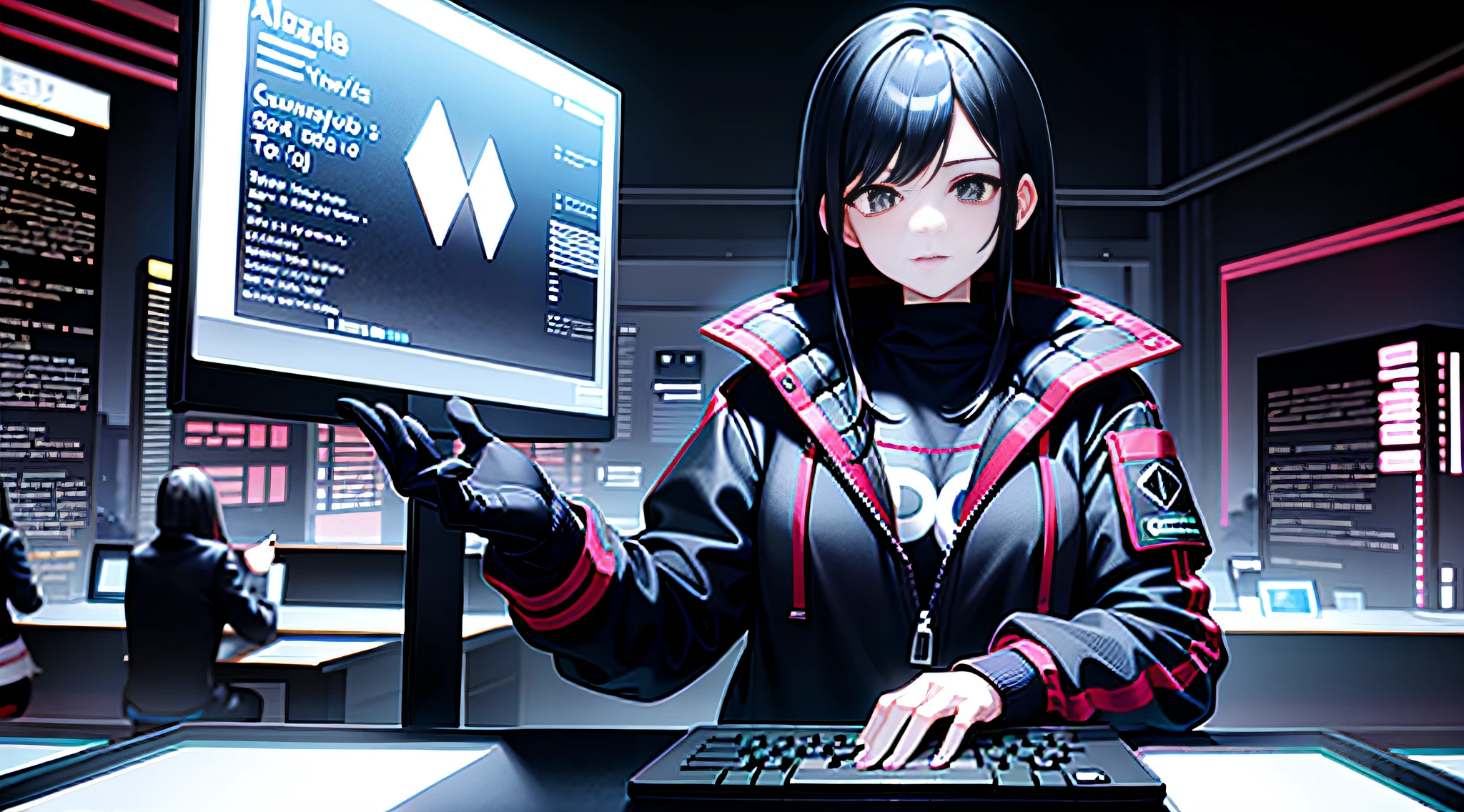 Hacker, female, computer, high resolution, high quality, cyberpunk style clothes