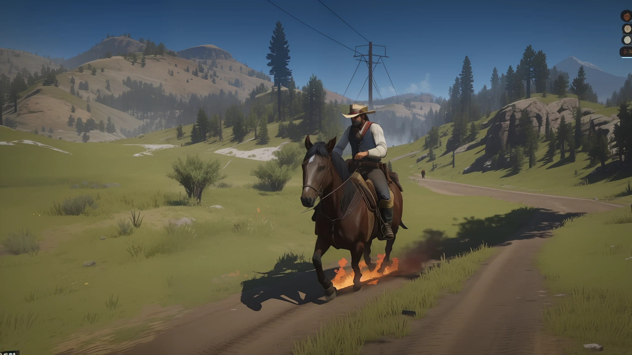 there is a man riding a horse on a trail with a fire, in red dead redemption 2, in red dead redemntion 2, arthur morgan, rdr 2 mod, red dead redemption 2, red dead redemption2, a train in red dead redemption 2, [ red dead ], wielding a whip, badass composition, rdr2, trump in rdr2