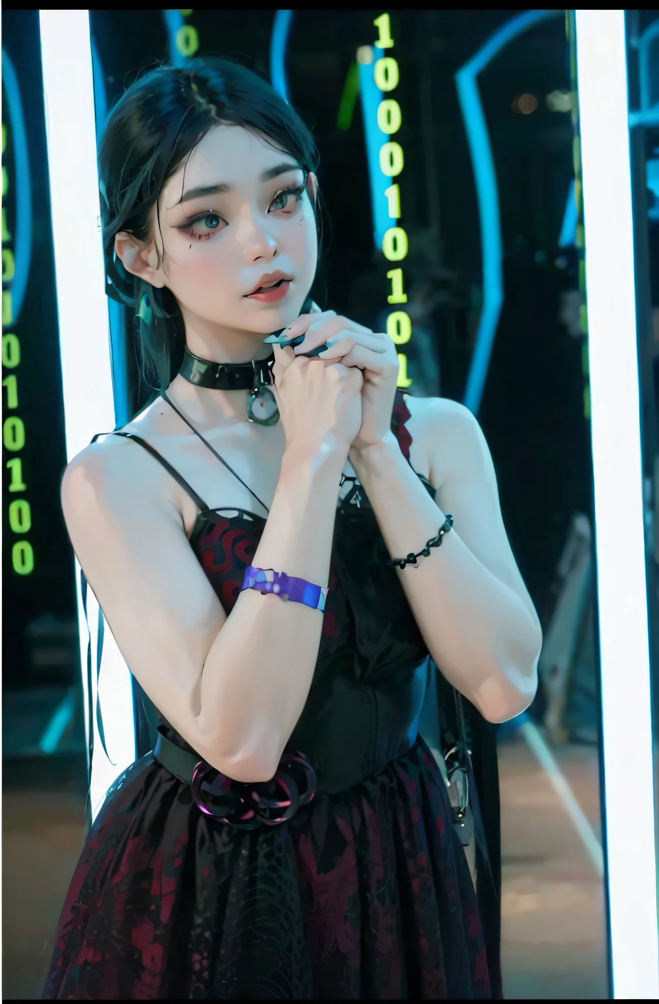 araffe woman in a black dress posing for a picture, cruel korean goth girl, 1 7 - year - old anime goth girl, 1 7 - year - old goth girl, dreamy cyberpunk girl, goth girl aesthetic, profile picture 1024px, wearing gothic accessories, 🔥 😎 🕹️ 👀 :2, xision wu, full body xianxia