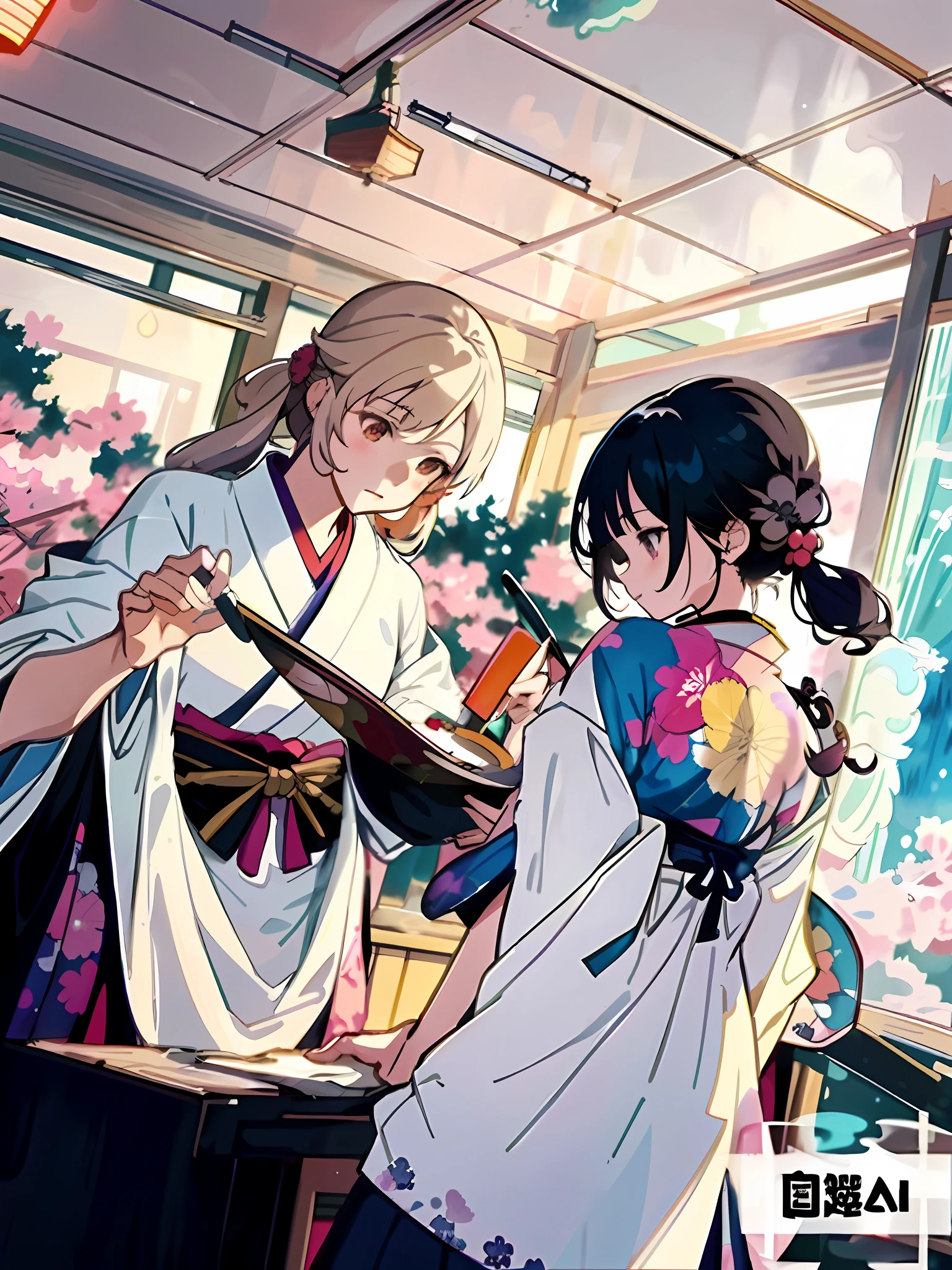 anime girl in kimono outfit and a girl in kimono dress, kawacy, official artwork, two beautiful anime girls, japanese art style, beautiful anime style, wlop and sakimichan, by Kamagurka, anime style 4 k, anime painting, anime style illustration, anime style artwork, beautiful anime art style, by Yang J