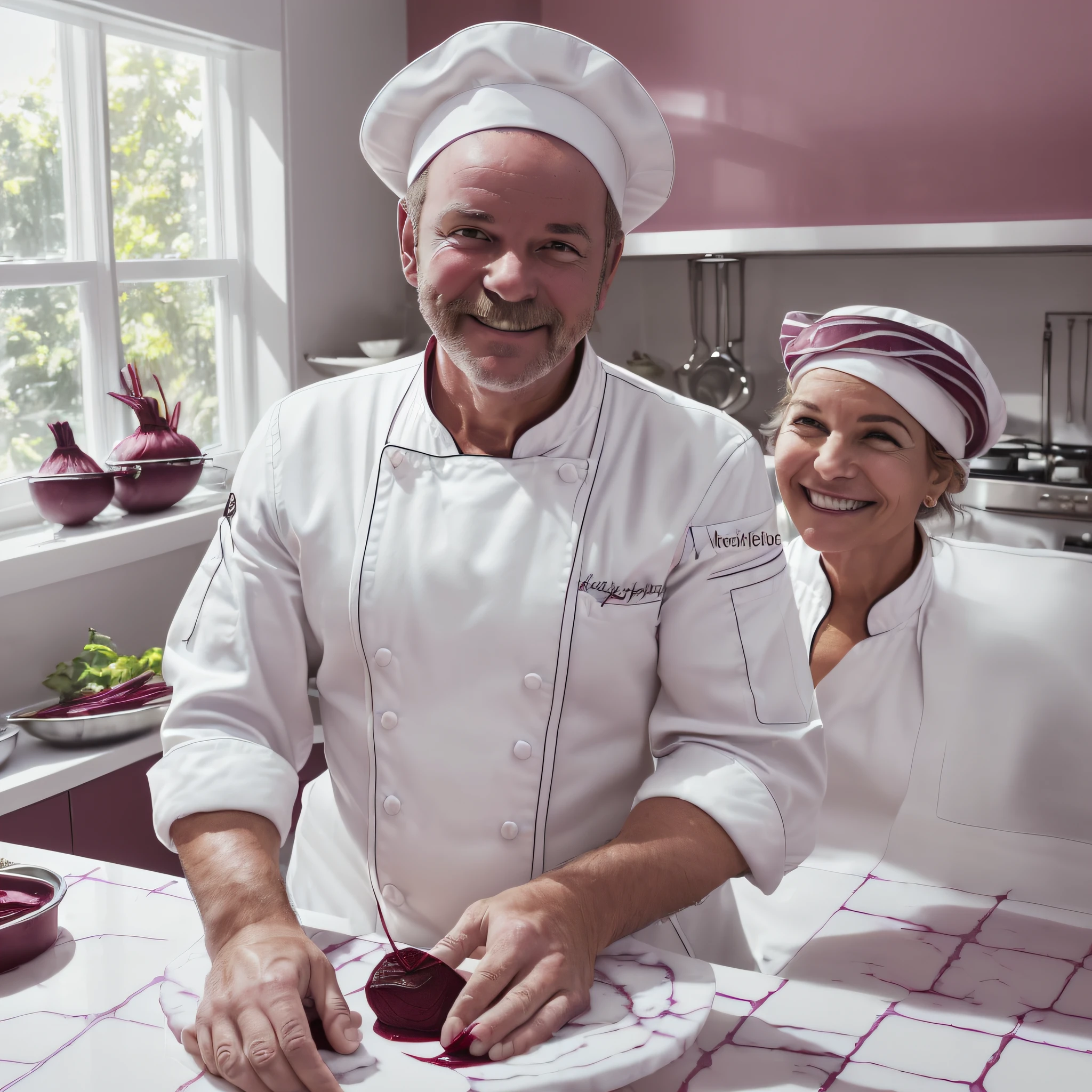 ((In a bright kitchen,)), (((Celebrity Culinary Chef))), ((((Food Awards))),(((Portrait Photography))), [((Wearing a nice chef's hat) , ((attractive people smiling)), ((medium shot portrait)), ((arms crossed)),((easy cooking at cooking station)), ((white chef hat)), ((competition cooking)), (( beetroot)) :: 0.9)] [ ((photographed in bright light)), ((global shader: amazing scene - light and shadow, low saturation)) ] --auto --s2