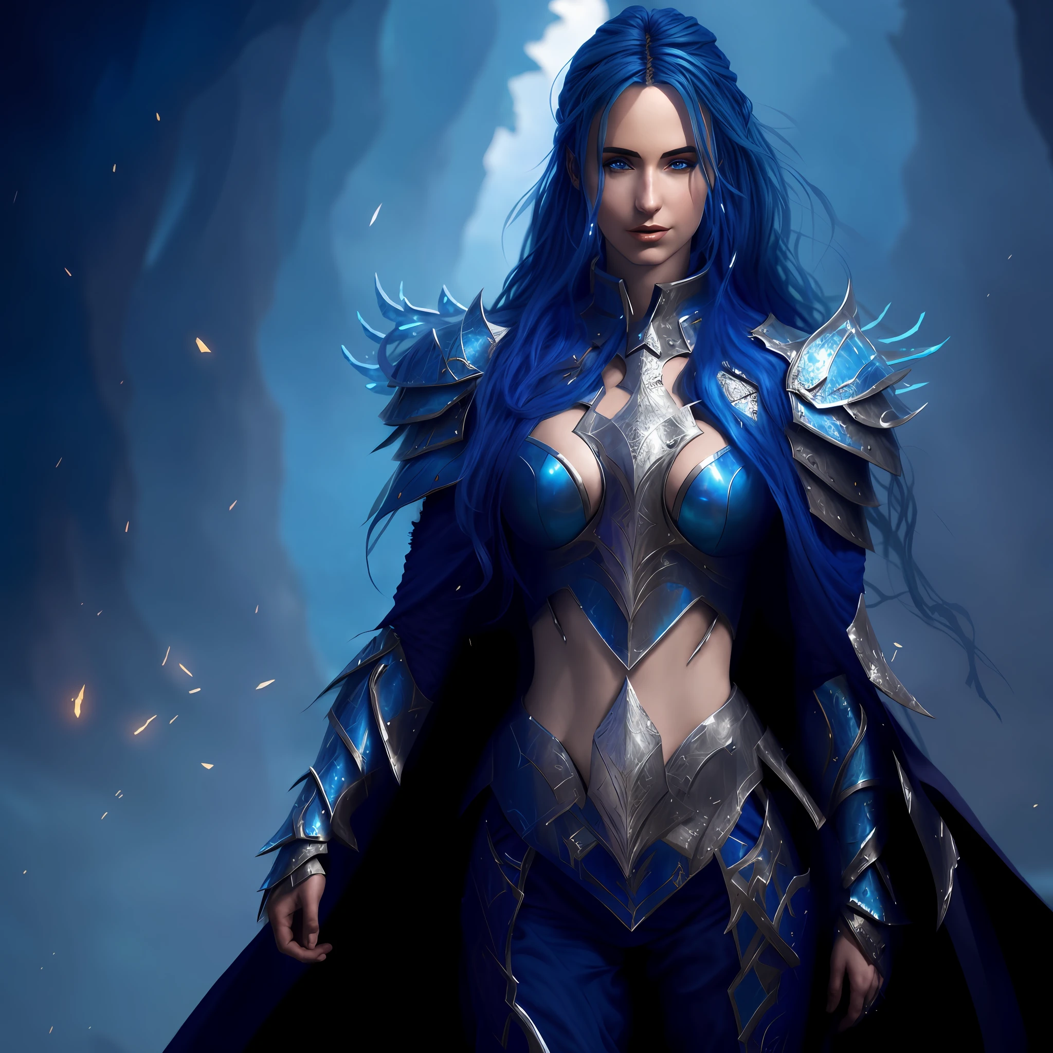 arafed woman in armor with blue hair and a cape, epic fantasy digital art style, 4k fantasy art, fantasy paladin woman, epic fantasy art style hd, epic fantasy art style, epic fantasy character art, 8k fantasy art, epic fantasy art portrait, epic fantasy digital art, epic exquisite character art, blue armor, hd fantasy art, wearing fantasy armor