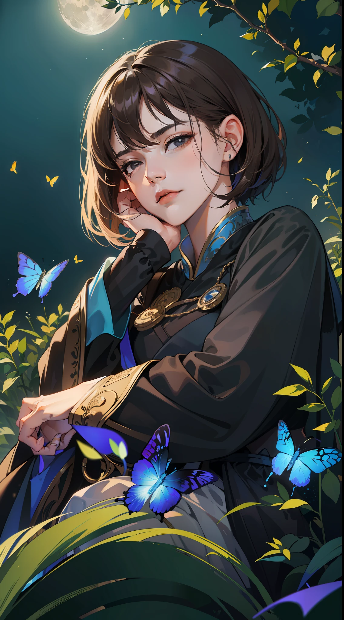 ((Superior quality, portraits, masterpieces, wallpapers 8K: 1.3)), (1 girl) with short wavy brown hair (((SHORT HAIR))), obsidian-like black eyes (((BLACK EYES))), (((ANNOYING, SERIOUS LOOK))) sitting on a branch of a mouse tree, bioluminescent blue butterflies, dark hour, perfect shadows and reflections of the moon on the scene. black dress covered, dark clothes of MOURNING, CLOTHES COVERING THEIR SKIN, TUNIC. (((PORTRAIT)))