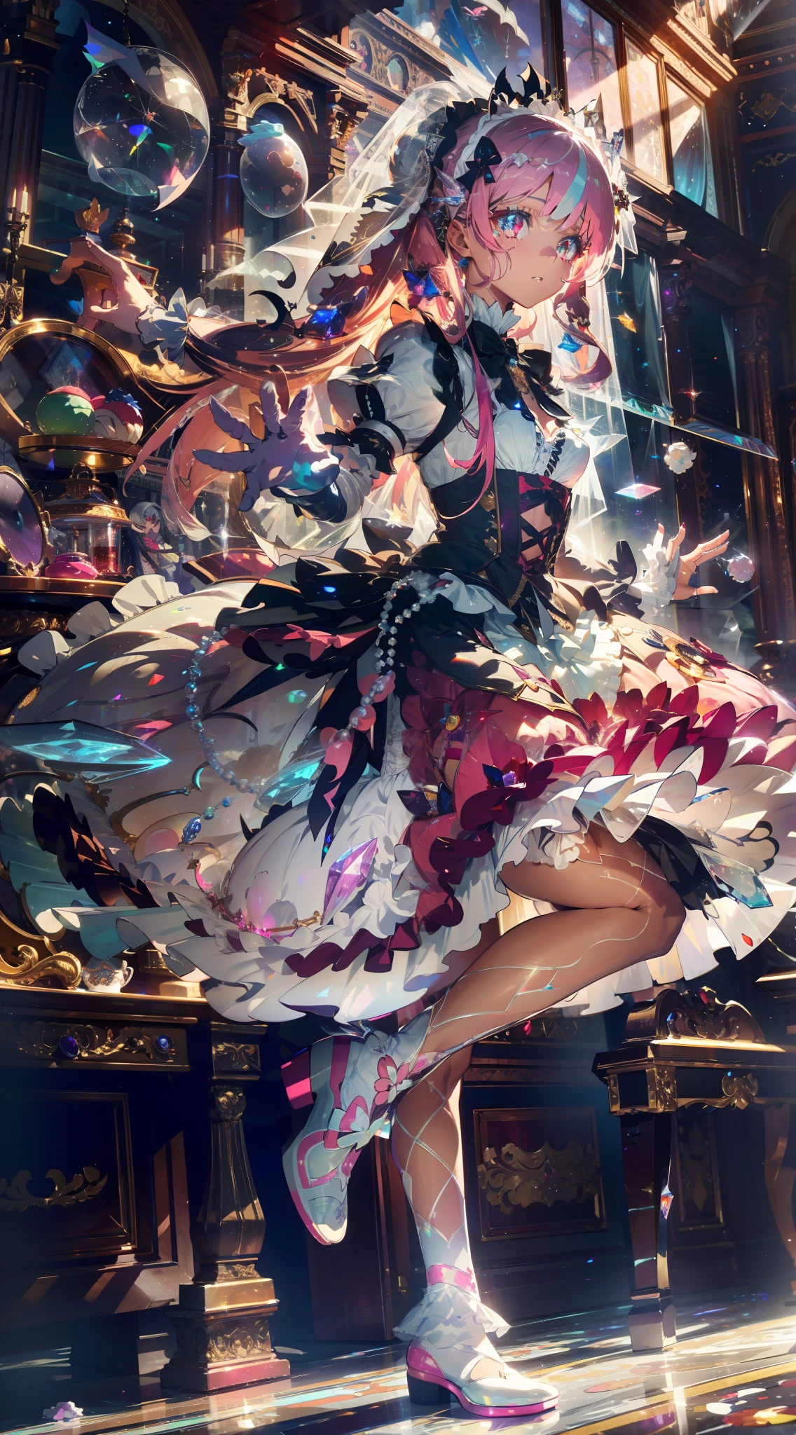 Extreme detailing, lolita, lolita fashion, frills, intricate and gorgeous, gloves, afternoon tea, ponet, curls, macarons, cream, colorful, gradient pick dye, candy, shiny, shiny, light particles, dynamic poses, dramatic compositions, candy hair accessories, colorful skirts, pearls, flowers, embroidery, gem-encrusted, flat chest, gauze dress with broken diamonds, flying, jumping, veil, transparent blouse, lace gloves, delicate depiction of face, full body, full body, Opal-like eyes, white-toned skirts, colorful whites, lasers, crystal-like skirts, diamond-like hair