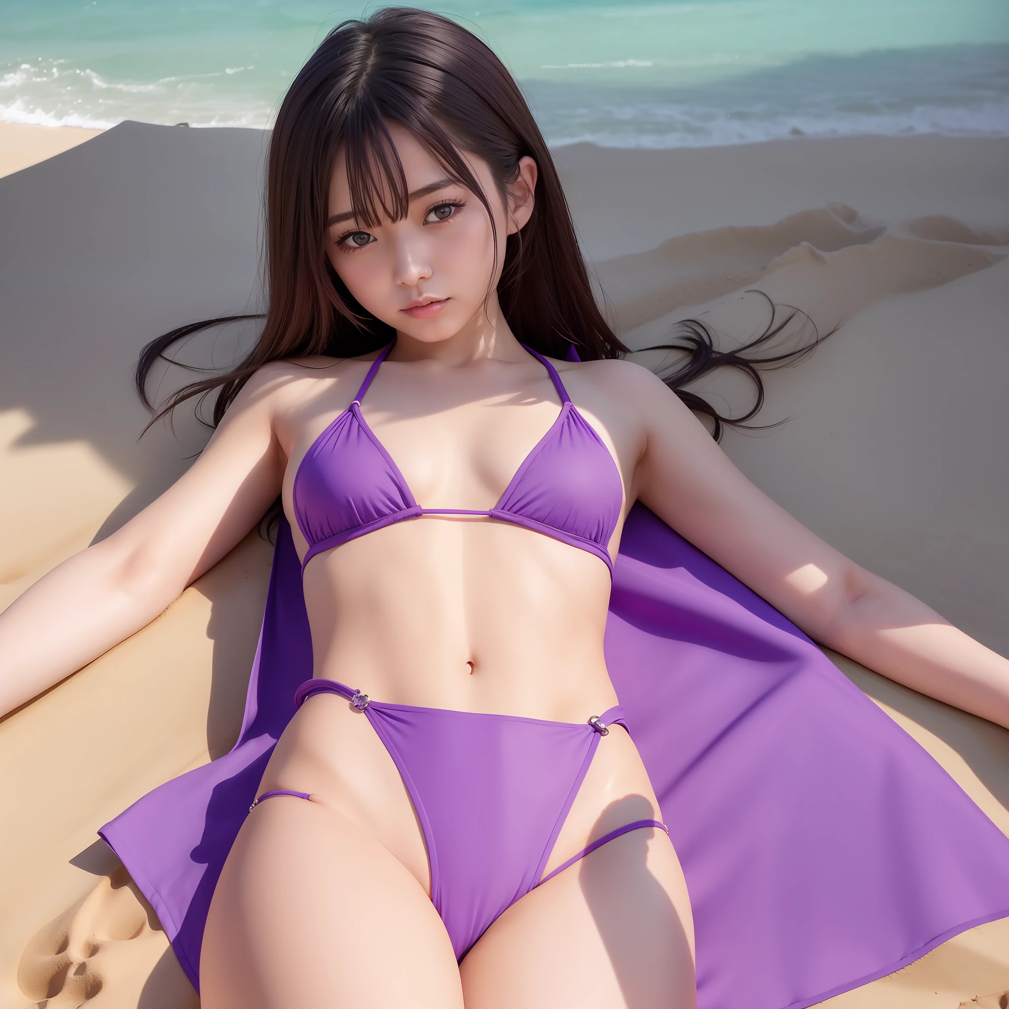 Woman in purple bikini lying on the beach, photorealistic young skinny idol singer, appearance of Asuka Saito from Nogizaka 45, on the beach