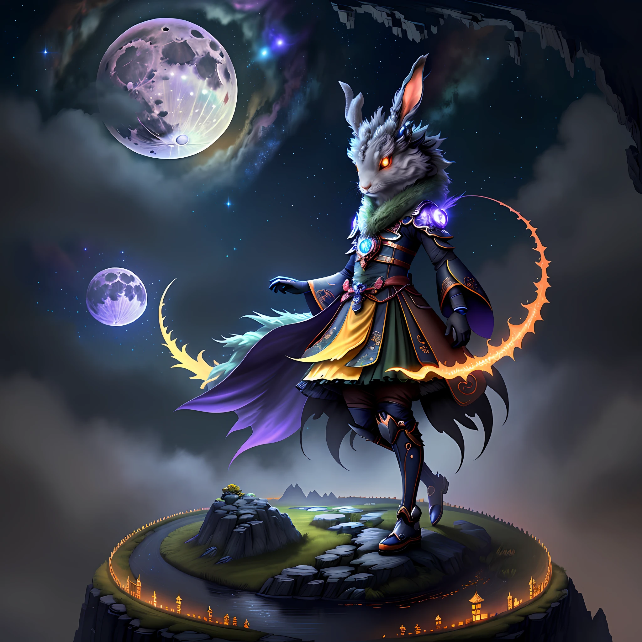 Vast landscape photos, (looking at the sky and the wilderness below), "A rabbit, magical, anthropomorphic, girl, angry expression, glowing eyes, Wanruo mask, Hanfu, background of ancient Chinese streets, night." Genshin Impact Impact, Best Quality, High Detail, High Quality, Ultra High Resolution, OC Rendering, 8K" Standing in a Flower Field and Looking Up, (Full Moon: 1.2), (Meteor: 0.9), (Nebula: 1.3), Far Away Mountains, Tree Breaking Making Art, (Warm Source: 1.2), (Firefly: 1.2), Lights, Purple and Orange, Intricate Details, Volumetric Lighting BREAK (Masterpiece: 1.2), (Highest Quality), 4K, Ultra Detailed, (Dynamic configuration: 1.4), Highly detailed and colorful details (rainbow color: 1.2), (Sparkling lighting, atmospheric lighting), Dreamy, magical, (Solo: 1.2), (Ying Dragon God), (Through the clouds), (Top of the mountains), (Complex), (Super Detail), (Starry Sky Background), (Stout Limbs), (Moon Night), (Ultra Clear), (Best Quality),