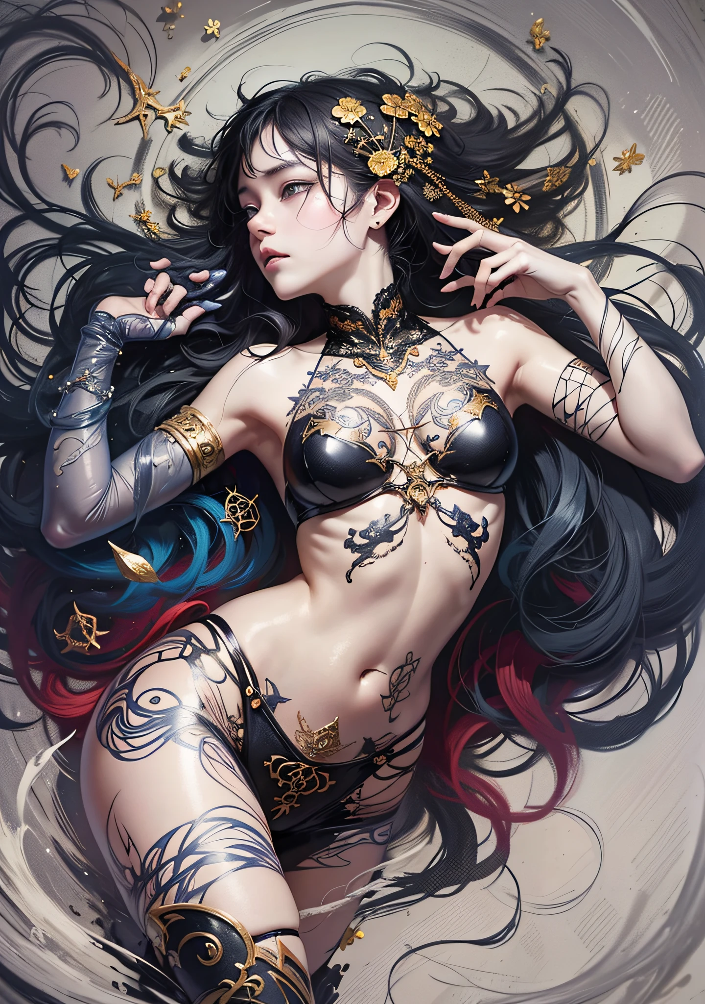 official art, unity 8k wallpaper, ultra detailed, beautiful and aesthetic, masterpiece, best quality, (zentangle, mandala, tangle, entangle), (fractal art:1.3) , 1girl, extremely detailed, dynamic angle, cowboyshot, the most beautiful form of chaos, elegant, a brutalist designed, vivid colours, romanticism, by james jean, roby dwi antono, ross tran, francis bacon, michal mraz, adrian ghenie, petra cortright, gerhard richter, takato yamamoto, ashley wood, atmospheric, ecstasy of musical notes, streaming musical notes visible