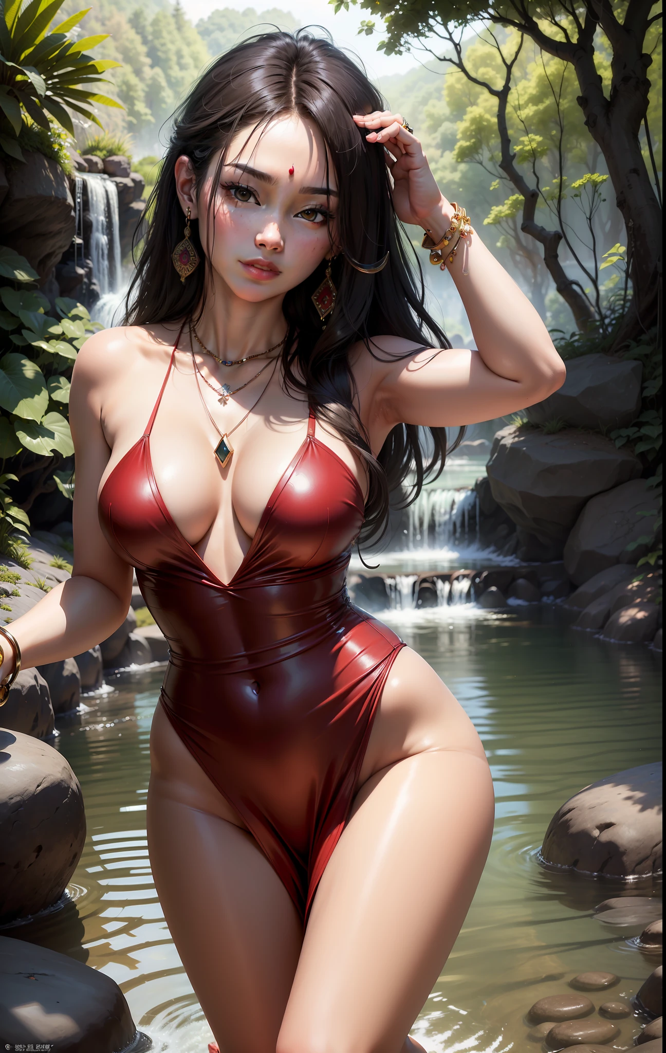 morning,(Early morning),(day:1.8),in summer,onsen,(nature:1.9),1girl,full body,black hair,very long hair,grin,sexy,unaligned breasts, dynamic angle,dynamic pose,outdoors,chinese style architecture,High color saturation,Color saturation,(jewelry:1.9),putting on jewelry, Warm light,Warm light,
ray tracing,cinematic lighting,(raw photo:1.2), (photorealistic:1.4), absurdres, incredibly absurdres, huge filesize , ultra-detailed, highres, extremely detailed,best quality ,masterpiece, illustration, an extremely delicate and beautiful, extremely detailed ,CG ,unity ,8k wallpaper, Amazing, finely detail, masterpiece,best quality, pureerosface_v1,ulzzang-6500-v1.1,