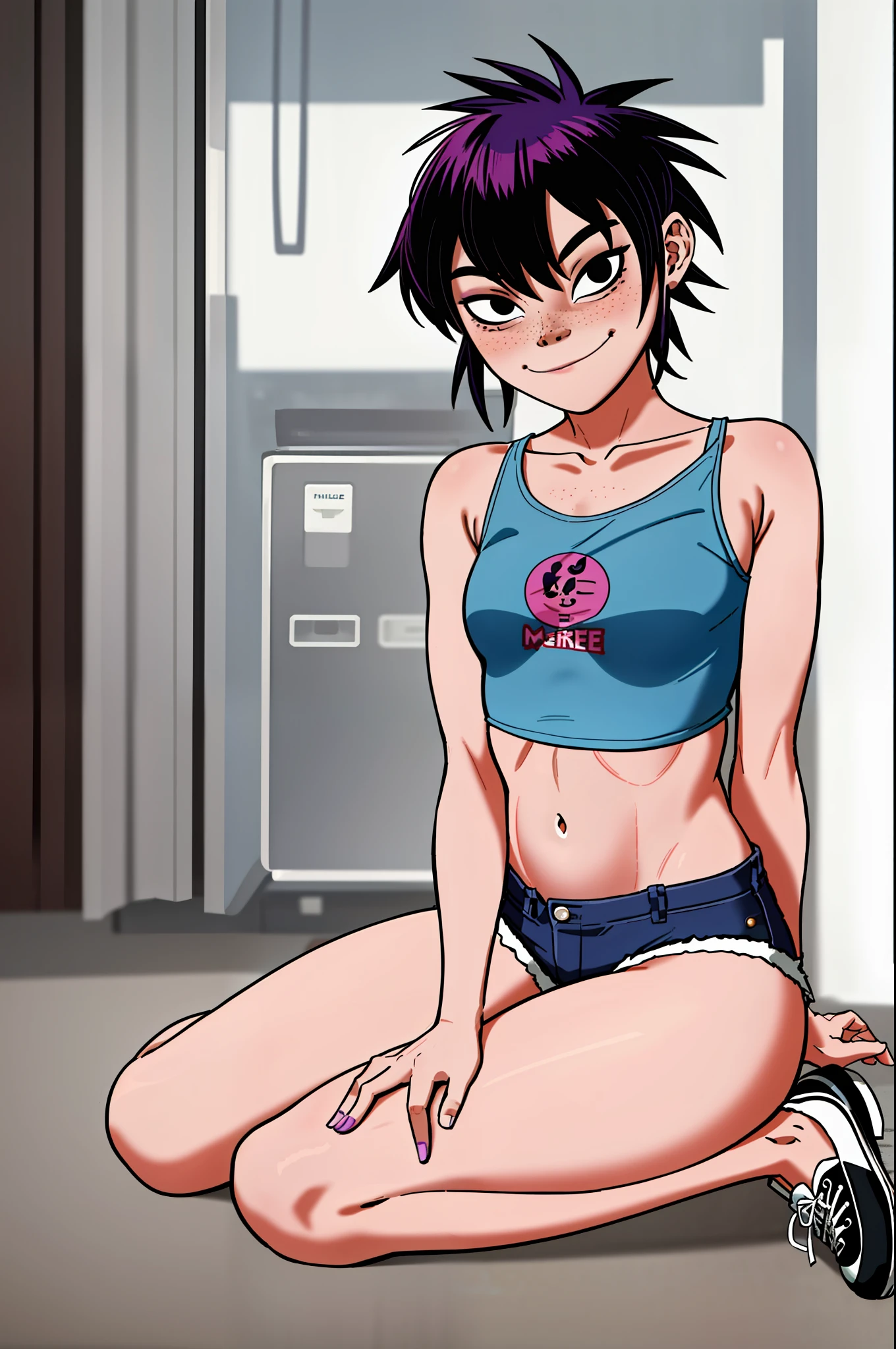 noodles (Gorillaz), masterpiece, best quality, solo, purple hair, medium hair, looking at the viewer, bangs, upturned nose, converse, hair over eyes, high tops, blush, detailed fingers, 5 fingers, sfw, sexy expression, seductive smile, detailed music studio background, denim shorts, small breasts, long stockings, portrait, crop top, midriff, detailed tummy, sitting, detailed between legs, freckles, makeup, legs open,  breast teasing, hands between legs