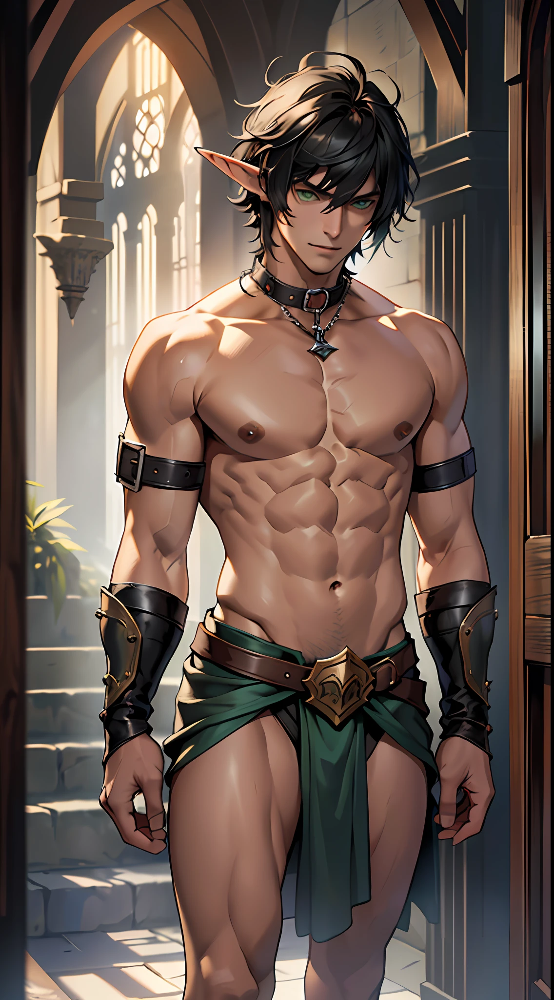 (Absurdres, Intricate Details, Masterpiece, Best Quality, High Resolution, 8k), 1 male, pretty boy, (1 solo male) 1 male, elf adult, handsome, tall slender guy, narrow eyes, narrow shoulders, finely detailed eyes and detailed face, messy shaggy black hair, side bangs, bangs, green eyes, sexy twink, shirtless, final fantasy 14, dog collar, full body shot, slave, enslaved, prisoner, dynamic composition, fantasy medieval atmosphere, Depth of Field, VFX. Bear chest, no clothes, bangs, detailed eyes, perfect