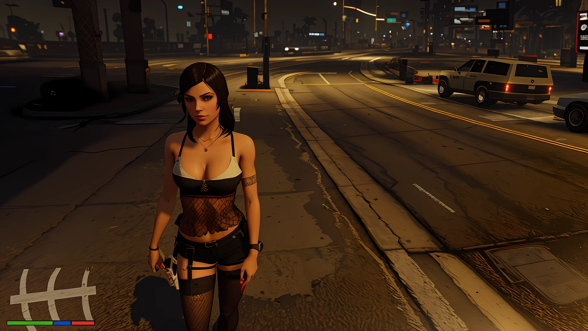 there is a woman standing on a street corner in a bra top, gta v street style, as a character from gtav, in gta v, style of gta v, gta v character, gta 5 skin tone, gta5 style, gta character, gta v style, noire moody scene, ariana grande in gta v, at a city street, screenshot from gta v