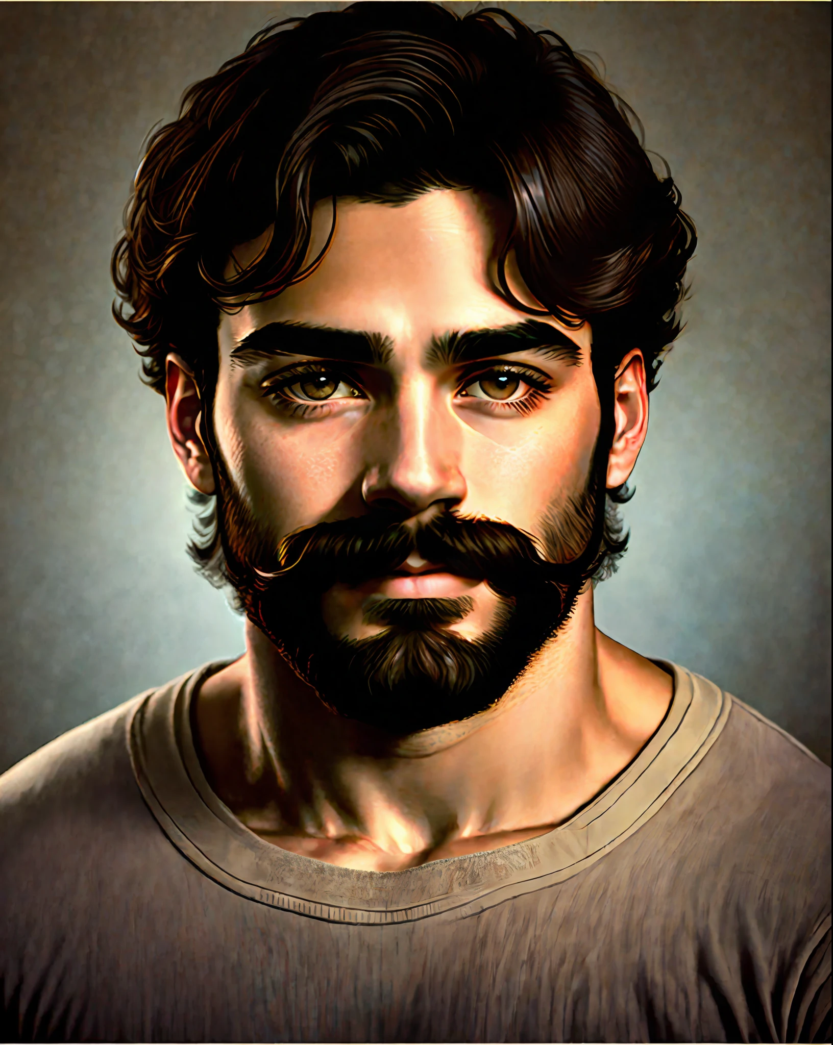 Ultra resolution, hyper realistic, vignette, centered, a portrait of a young man, looking at the camera, dark brown eyes, straight black hair, mustache and beard on chin, narrow face, fair skin, broad shoulders, muscular, real camera with muzzle in the eyes, studio, fill light, backlight, movie light