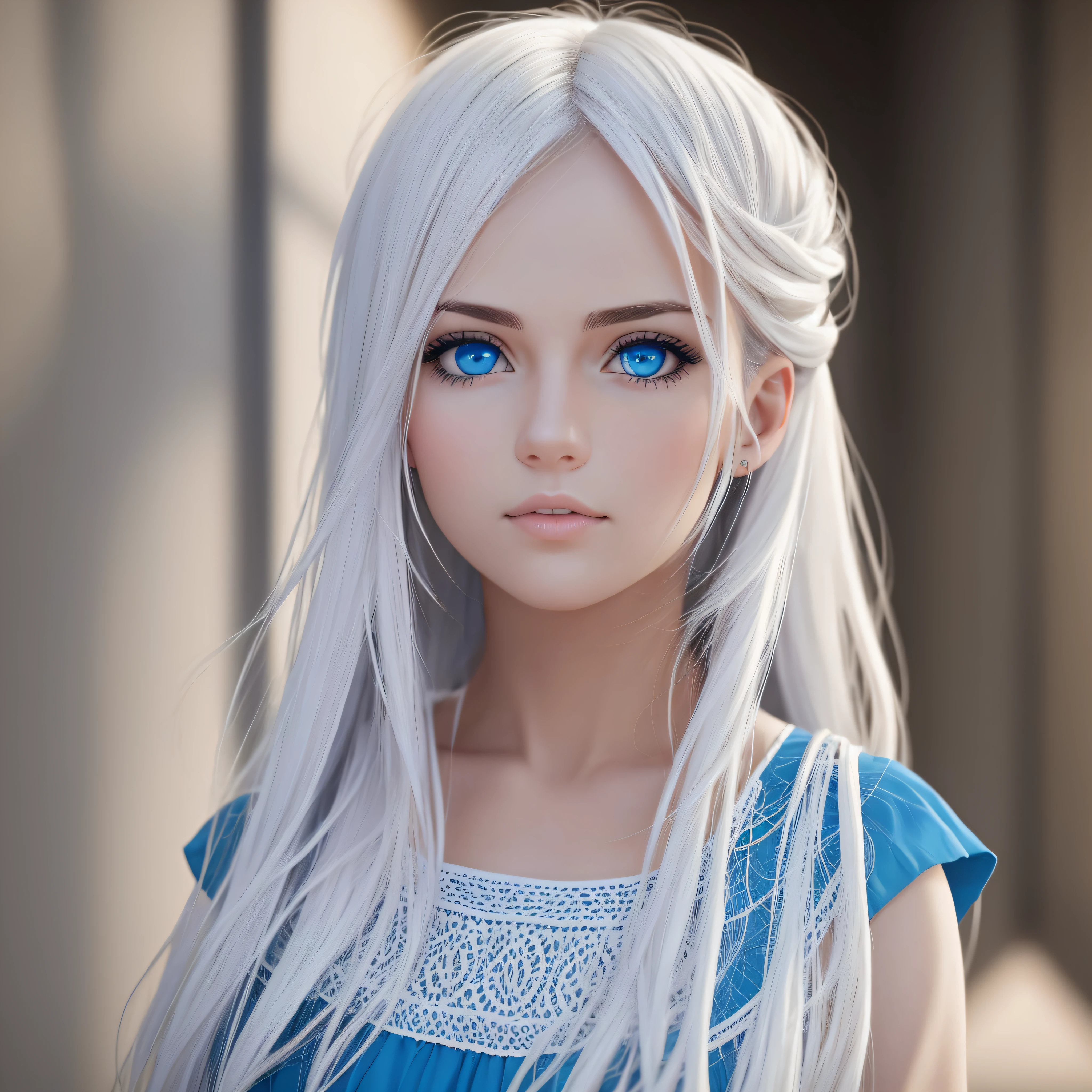 Create an image of a girl in her 20s with white skin and blue eyes looking at the photo --auto --s2