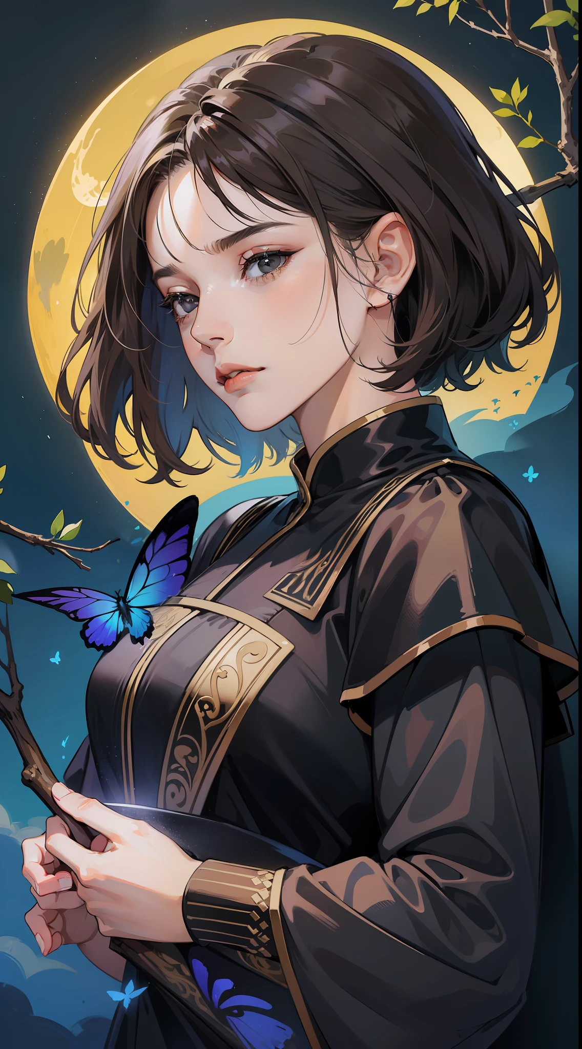 ((Superior quality, portraits, masterpieces, wallpapers 8K: 1.3)), (1 girl) with short wavy brown hair (((SHORT HAIR))), obsidian-like black eyes (((BLACK EYES))), (((ANNOYING, SERIOUS LOOK))) sitting on a branch of a mouse tree, bioluminescent blue butterflies, dark hour, perfect shadows and reflections of the moon on the scene. black dress covered, dark clothes of MOURNING, CLOTHES COVERING THEIR SKIN, TUNIC. (((PORTRAIT)))
