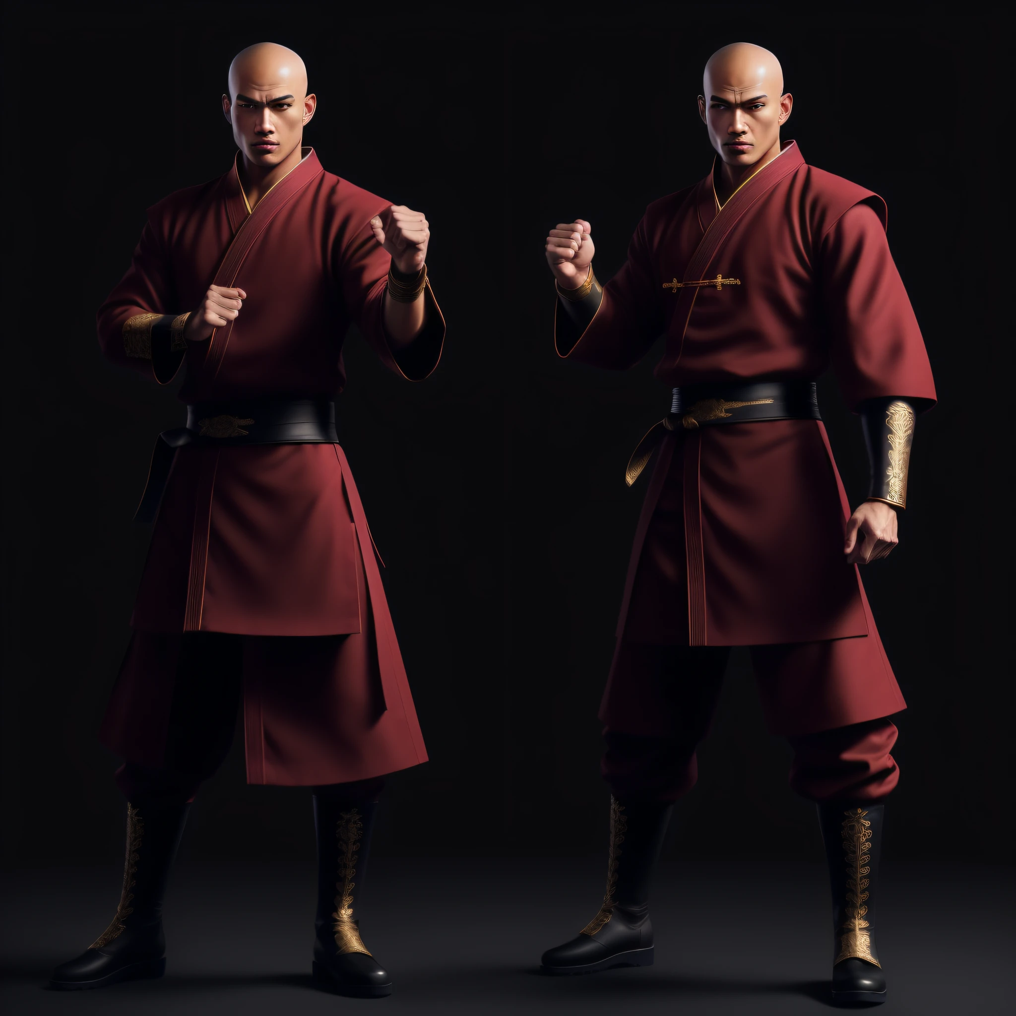 1 monk, monk facing camera, full body, perfect anatomy, (((perfect hands)), detailed intricate, costume, detailed dress, intricate dress, embroidered clothing, martial arts, rage, hd, 8k, ((shaolin)), ((monk)), warrior, artstation, powerful, realistic, art, masterpiece, standing, facing camera, facing front, looking forward, without weapons, with hands fighting posture, hands on the side of the body, Master Abbot, brown skin, black skin, brown eyes, costume in the lightest colors- black pants, red sash, green windbreaker, golden details, wearing black boots white details, minimalist clean background. (perfect body proportion), ((hand with five perfect fingers)), (perfect anatomy),(bald) hyper-realistic, 8k, mystical, brutal, fight, berserk, anger, hd, 8k, soft lighting, white background, high quality, maximum quality, flawless, one character per image, keep distance between one character and the other,