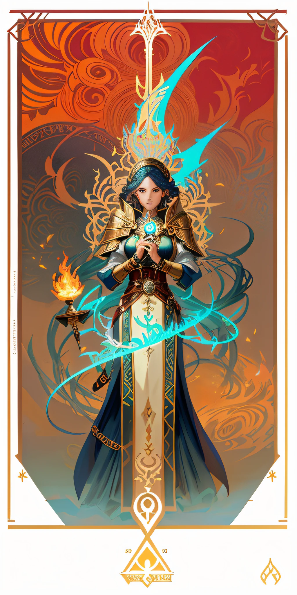 a picture of a woman with a sword and a flame in her hand, in the art style of mohrbacher, female mage, mohrbacher, portrait of a female mage, jen bartel, peter mohrbacher style, peter mohrbacher artstyle, female mage!, magic the gathering art style, peter mohrbacher c 2 0, fantasy art behance