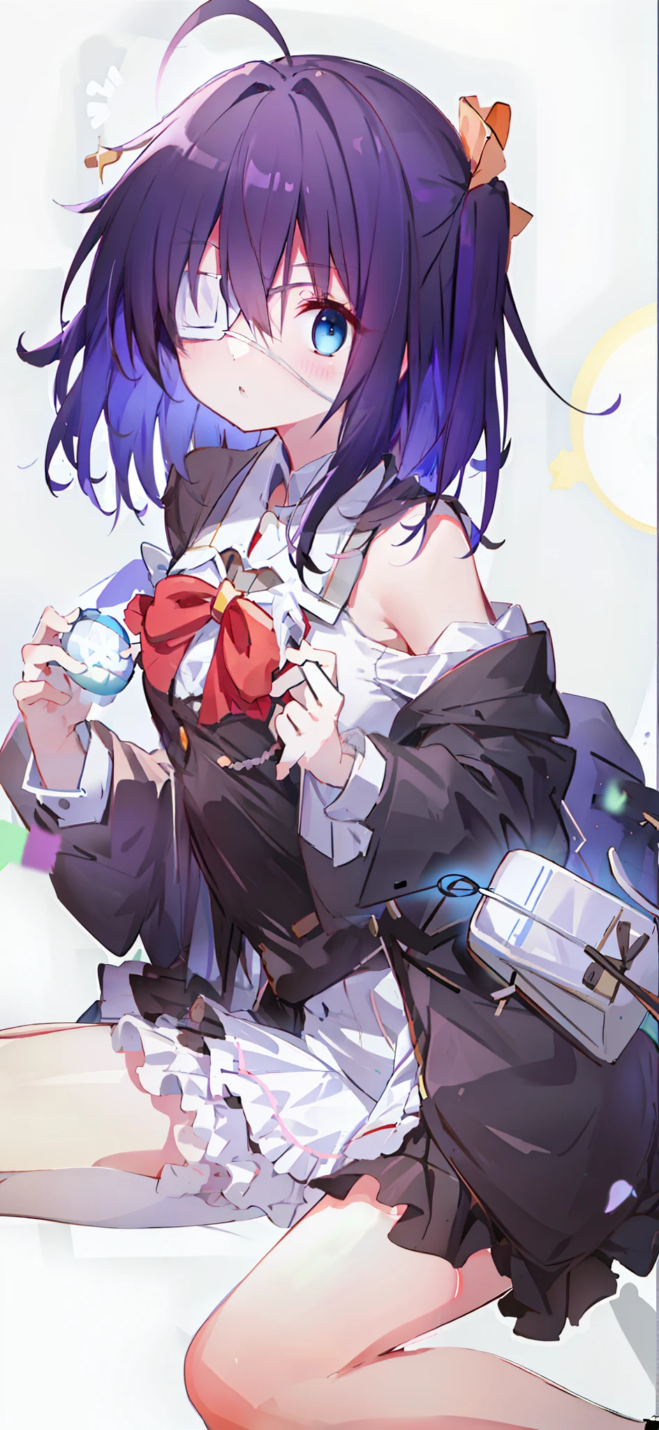 high res, masterpiece,Rikka Takanashi, black hair, solo, 1girl,outside,deatailed background, detailed eyes, ((blue eyes)), eyepatch