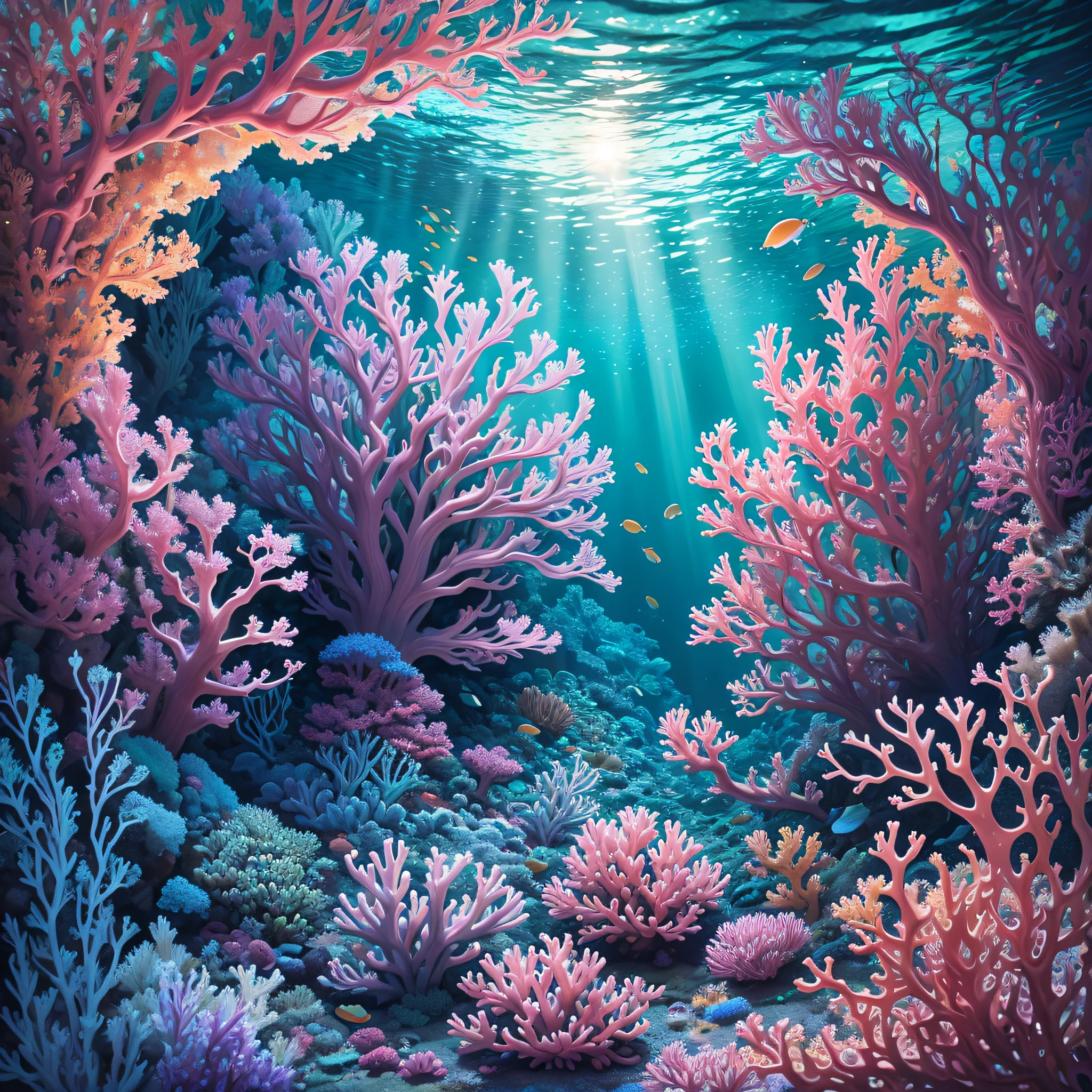 "Underwater Wonders": A crystal-clear, high-definition image of a coral reef teeming with colorful fish, intricate coral formations, and mesmerizing details of the underwater ecosystem, Surrealism, color field printing, high detail, UHD, 8k, anatomically correct, cinematic lighting 4d quality --auto --s2