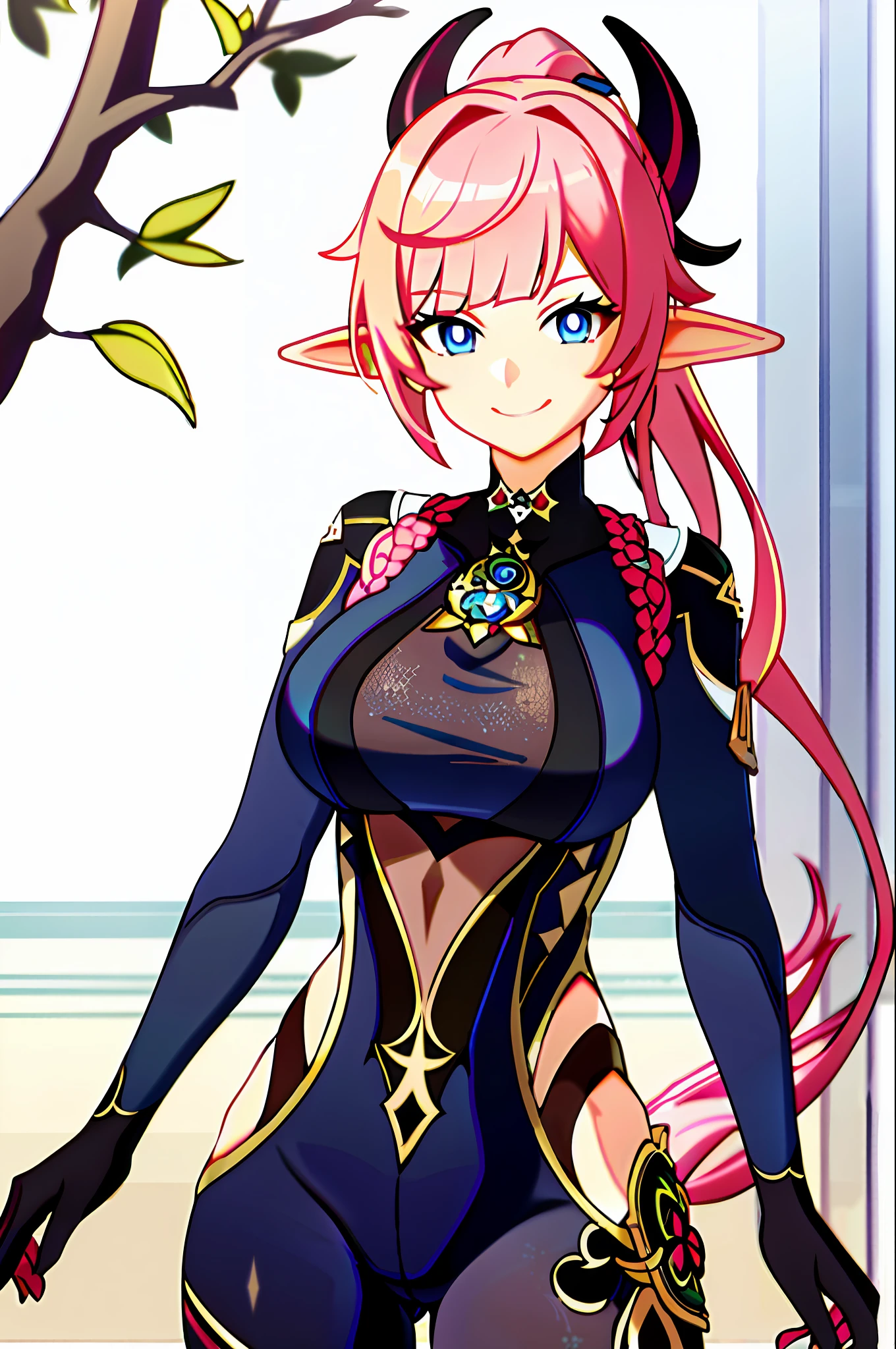 masterpiece, best quality, 1girl, solo, upper body, genshin impact, 1girl, elf ears, branch, large breasts, half-open mouth, elysia, huge breasts, large breasts, massive breasts, elysia (Honkai Impact), jewelry, long hair, ponytail, blunt bangs, looking at viewer, ear cuffs, breasts, big smile, bodysuit, tight body suit, skintight body suit, tight, pink hair, blue eyes, pink pupils, pink pupils, blue eyes, pink pupils, sidelocks, smile, solo, dynamic pose, genshin,