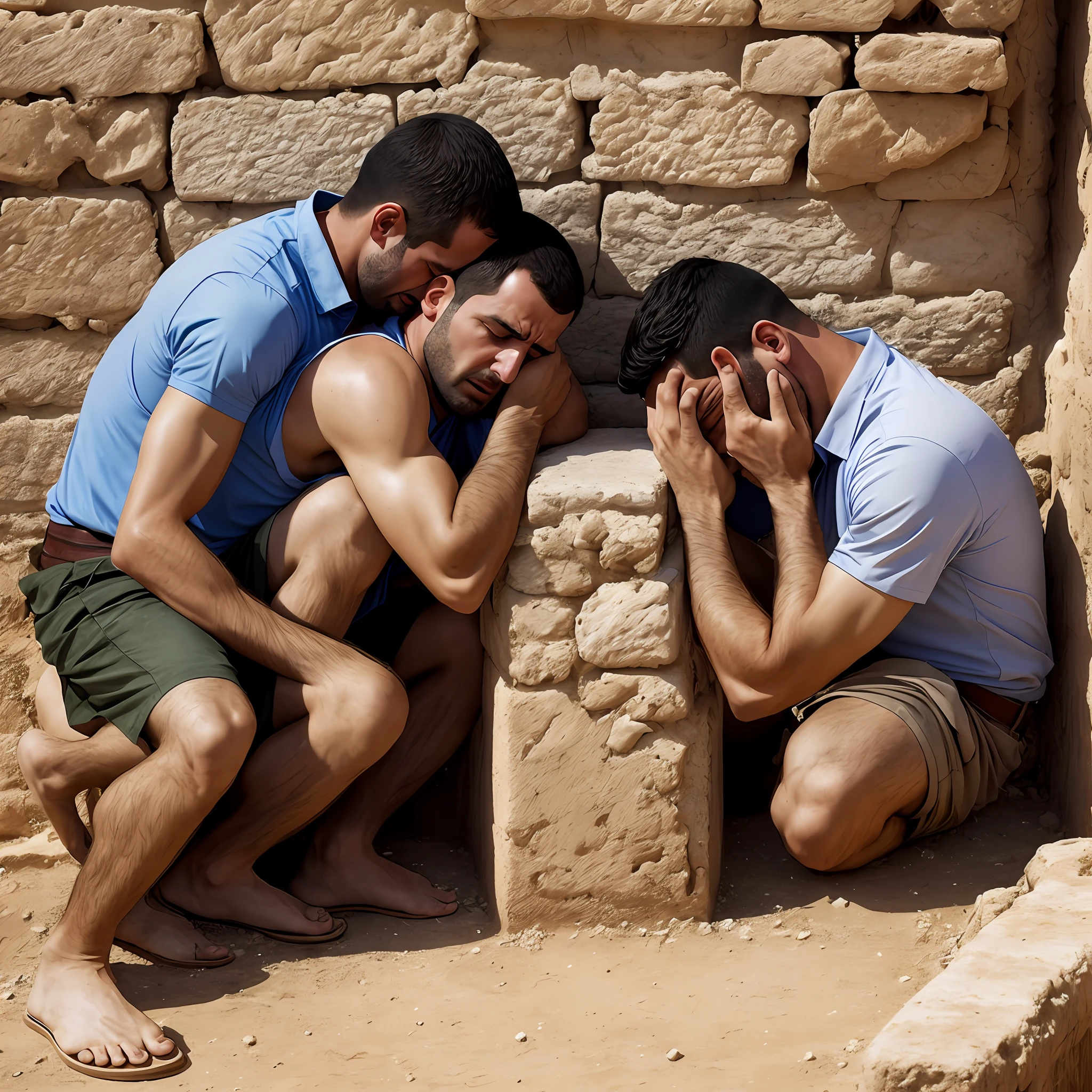 create a realistic image of two israeli men crying a lot in the ancient village of ancient israel realistic