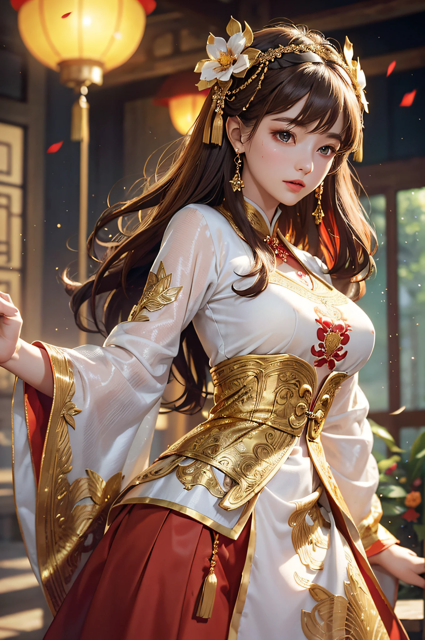 best quality, masterpiece, highres, (exquisite body:1.5),gorgeous face,(milky skin:1.3),Big boobs,G-cup,intricate details,high resolution,wallpaper,
1girl, solo, dress, hair ornament, (((gold and red dress))), flowers, long hair, brown hair, closed mouth, jewelry, long sleeves, hand up, wide sleeves, big eyes,floating hair, chinese clothes, hanfu, embroidery, long skirt, natural pose, falling petals, indoor,fanning, lantern,
16K,HDR,highres,depth field,(film grain:1.1),boken,golden hour,(lens flare),vignette,rainbowing,(color grading:1.5)