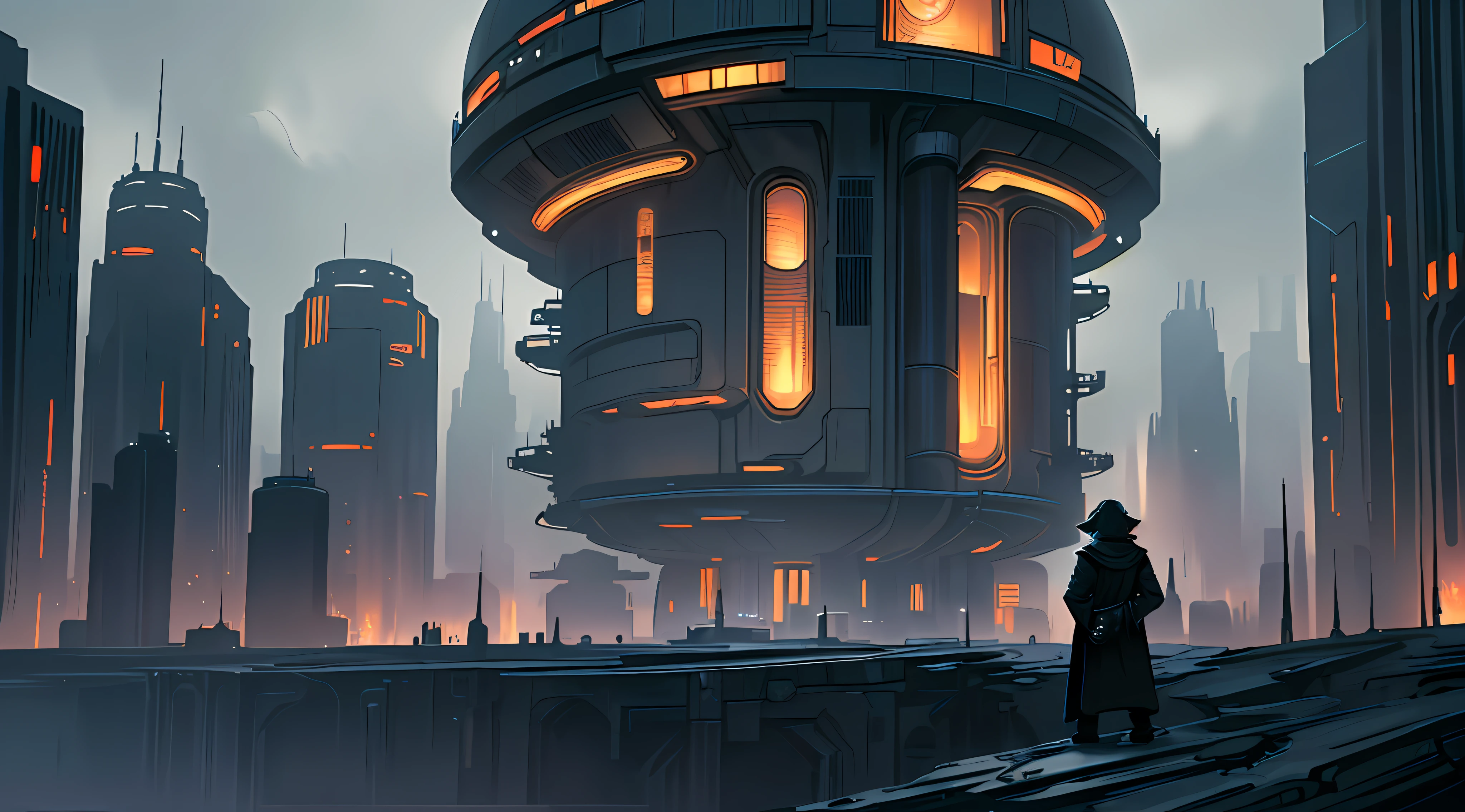 (8k unit wallpaper CG extremely detailed, masterpiece, best quality, ultra-detailed), (((solo)))), a jedi on Coruscant looking at the city landscape of the Star Wars universe, (high detail), (intricate details), intricate, sinister atmosphere, atmosphere of terror, incredible high details, highly detailed environment, illustrator, (masterpiece).