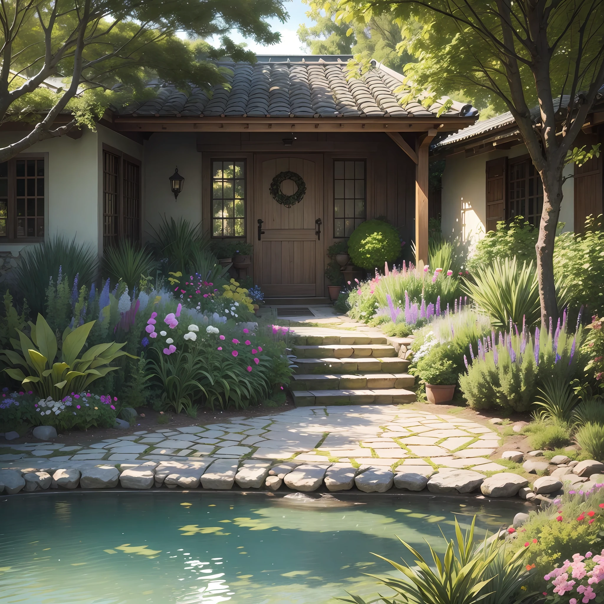 Beautiful realistic garden outside the house without any kind of human being around --auto --s2