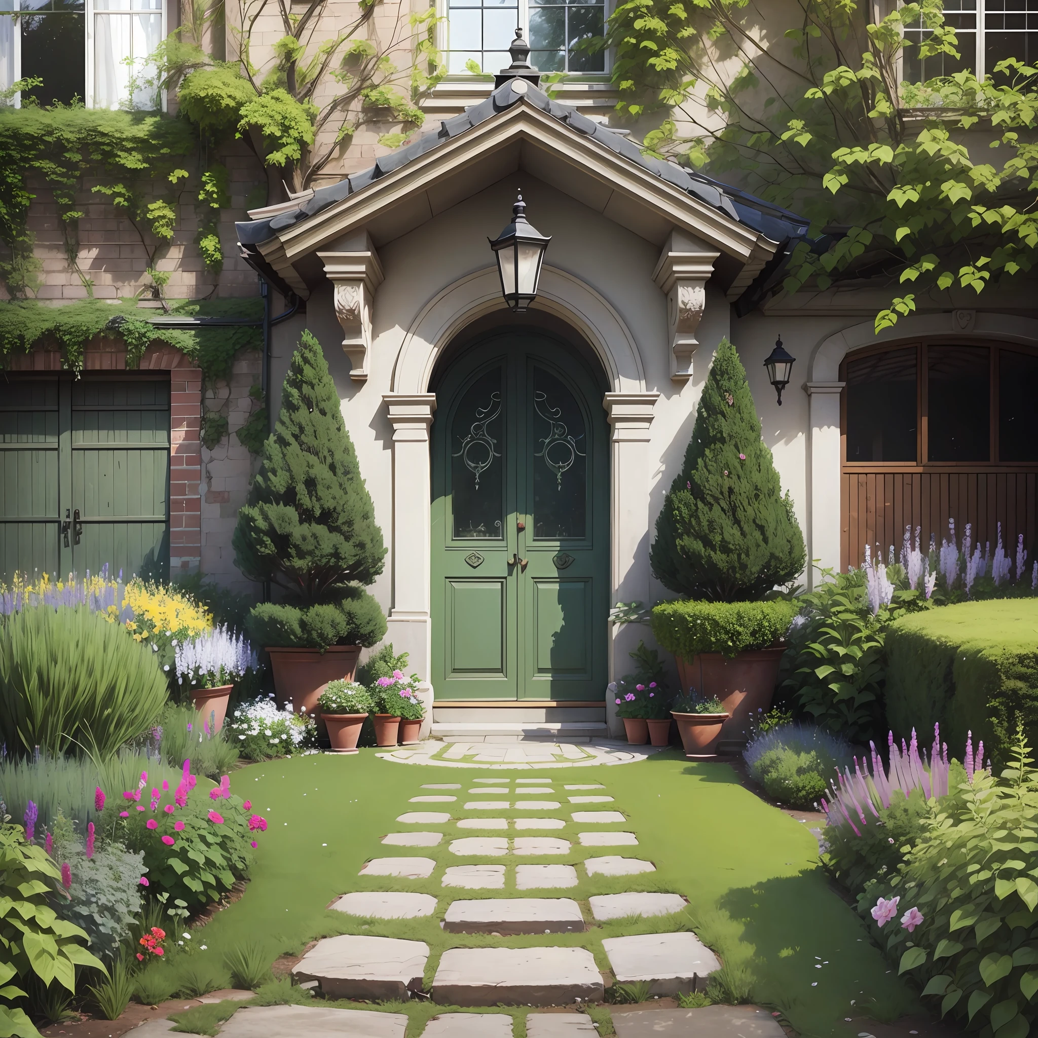 Beautiful realistic garden outside the house without any kind of human being around --auto --s2
