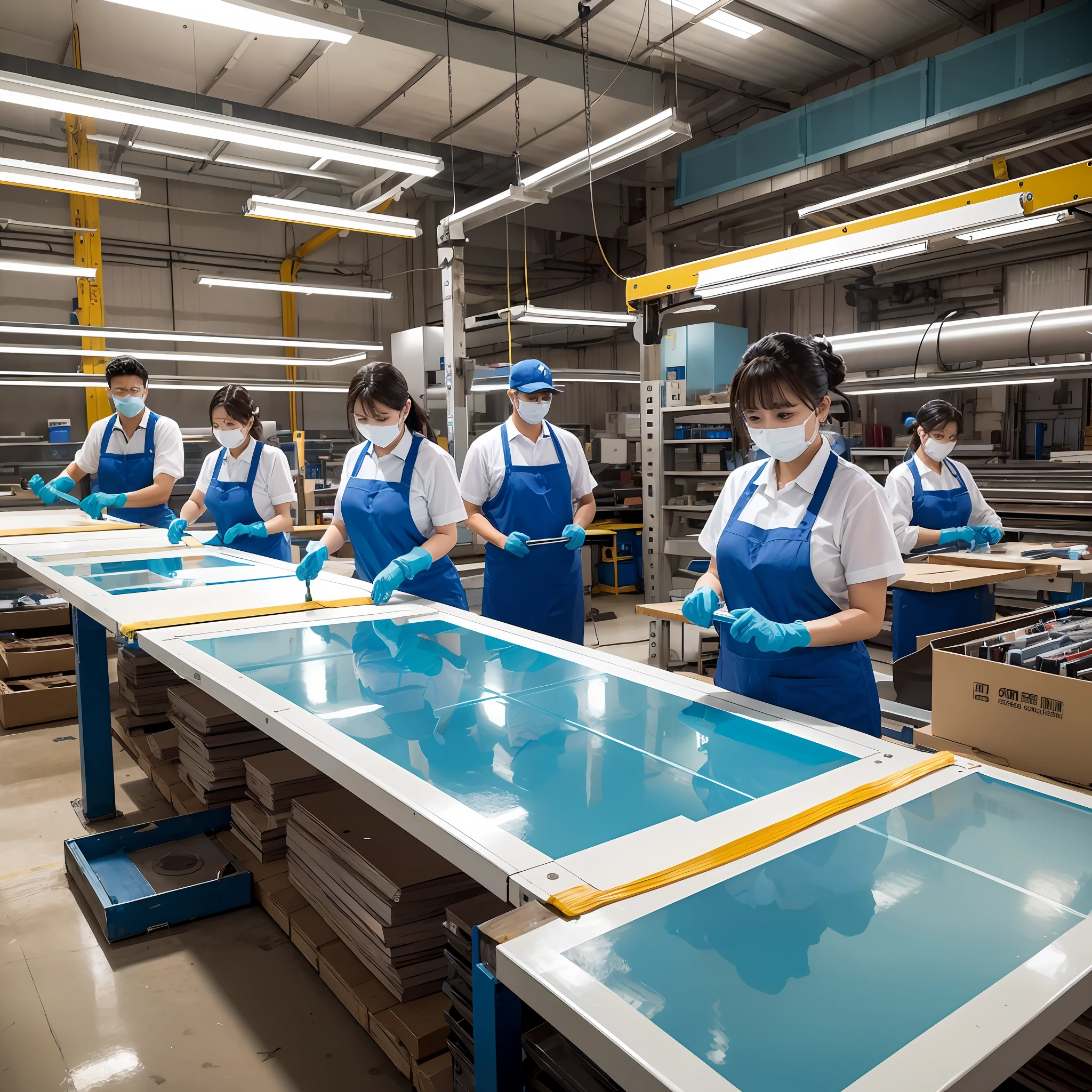 In the factory that handles acrylic sheets, female and male employees are mixed. They wear blue uniforms and go about their work. One female employee can be seen lifting a large acrylic board. She is working with a serious expression. Another male employee is working in front of a machine that cuts acrylic sheets. He wears gloves, works carefully, and is focused, despite the noise emitted by the machines. The factory is lined with shelves with acrylic boards and tables with work tools, making the workshop lively. --auto --s2