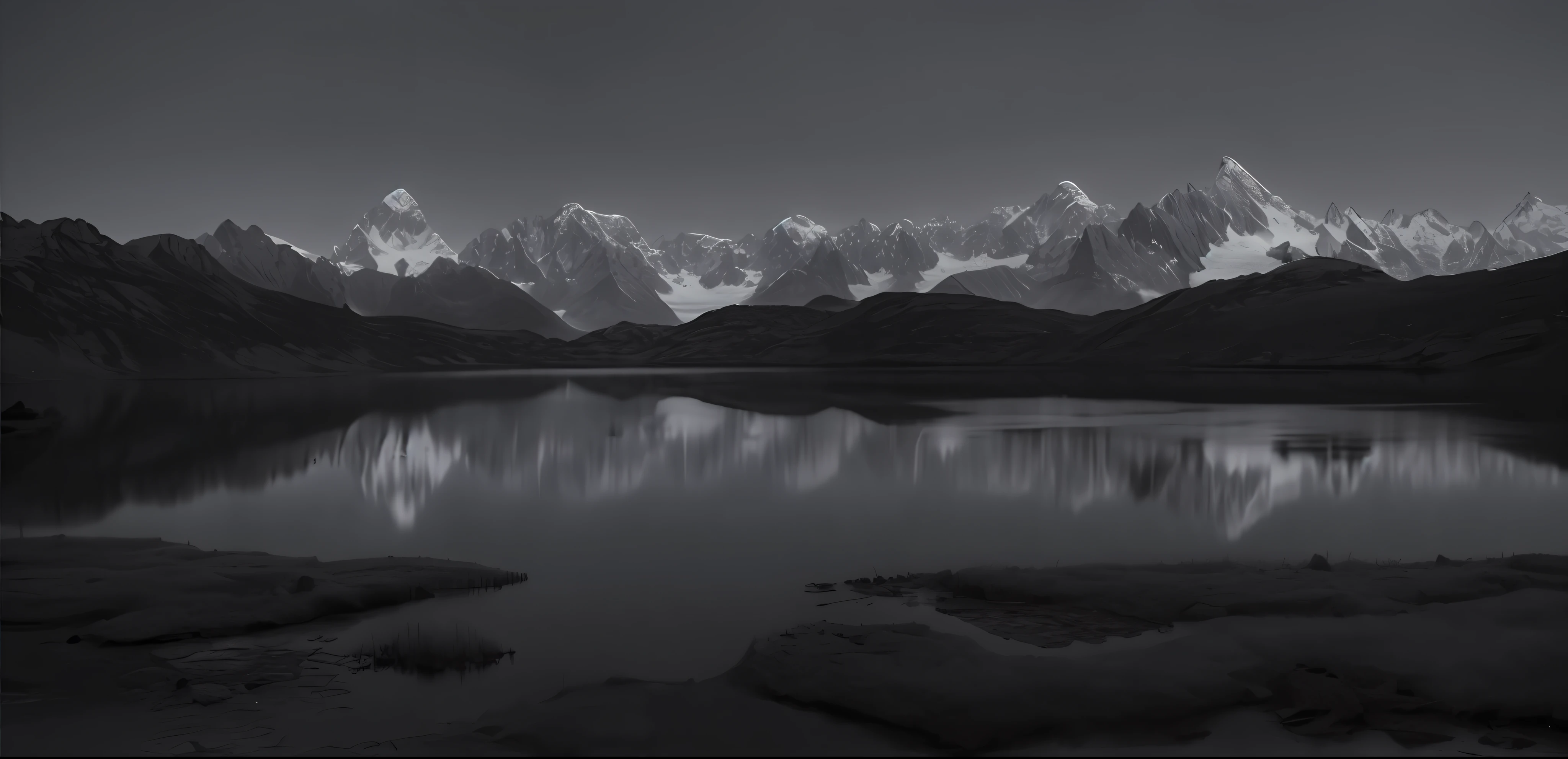 arafed view of a lake with mountains in the background, by Werner Andermatt, 4k greyscale hd photography, grayscale photography, by Hans Schwarz, ansel ], ryan dyar, alps, image full of reflections, monochrome:-2, 8 1 5, by wolfgang lettl, inspired by Ansel Adams, summer night, by Etienne Delessert