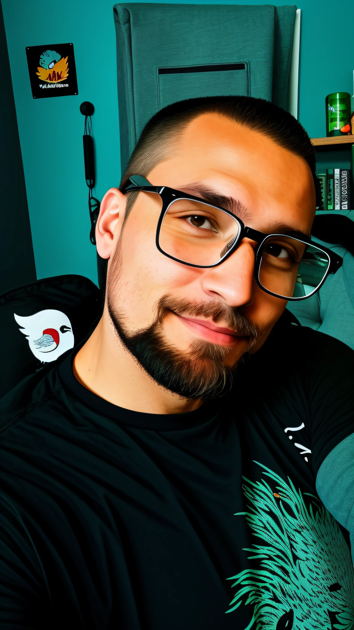 There's a man with glasses and a bird on his arm, Twitch Streamer/Gamer Ludwig, profile picture 1024px, MSXOTTO, Reddit Post, Twitch Streamer, portrait of Jerma985, half-body headshot, avatar image, headshot profile picture, with nerdy glasses and goatee, full-bodied, bald, beard, high quality portrait