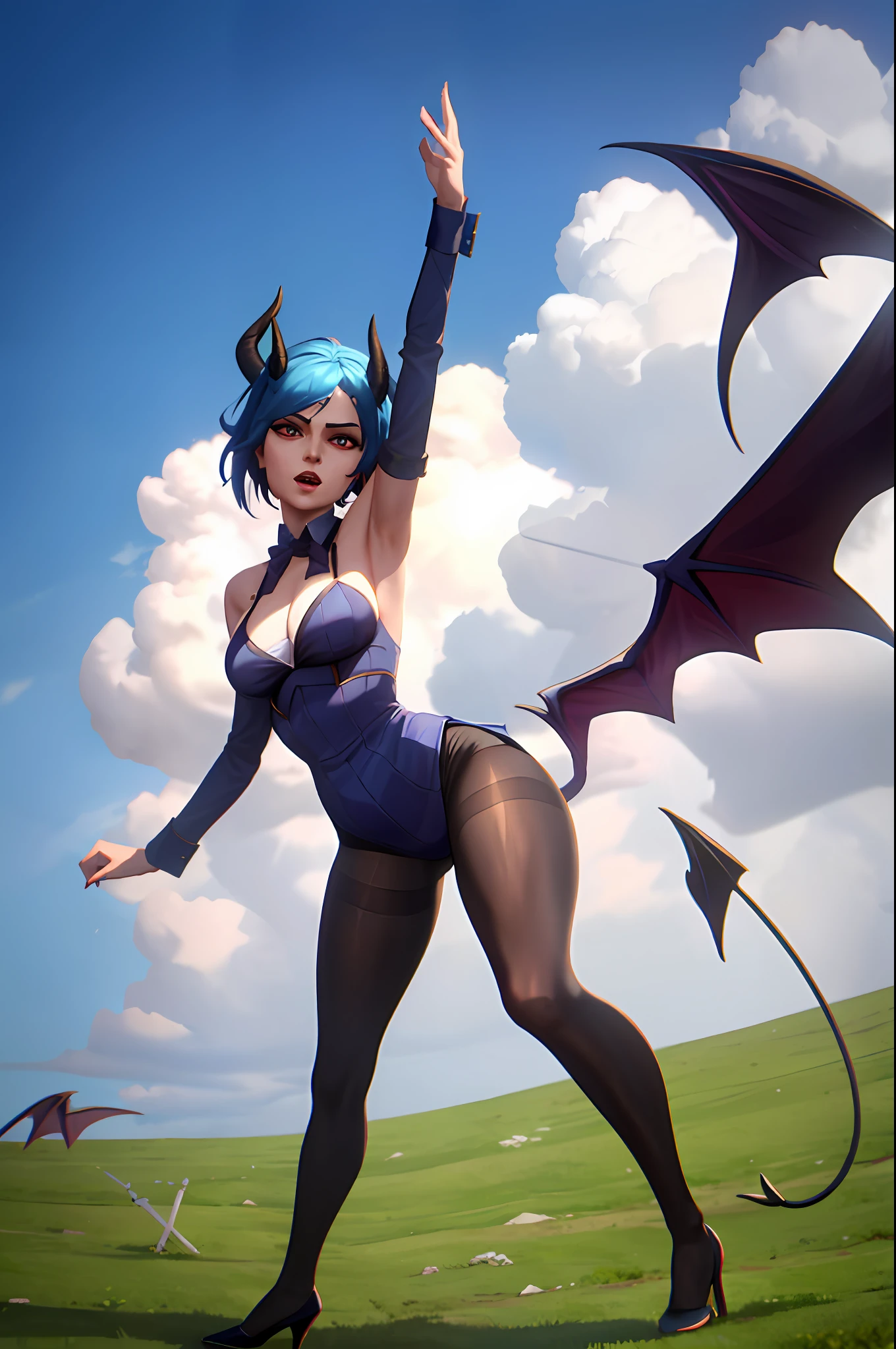 (masterpiece: 1.2, best quality), (1 milf, solo),v1l0l, large breasts, (Dynamic stance), demon girl, ( small demonic horns:1.1), (, (heaven), ), blue (pantyhose:1.1)