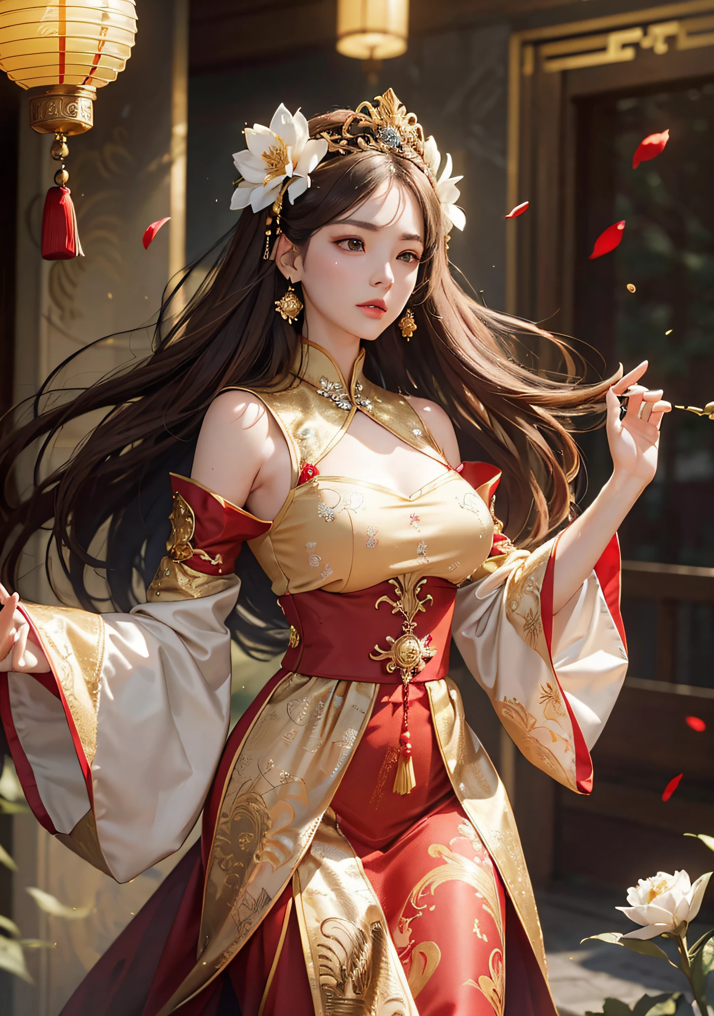 best quality, masterpiece, highres, (exquisite body:1.5),gorgeous face,(milky skin:1.3),Big boobs,G-cup,intricate details,high resolution,wallpaper,
1girl, solo, dress, hair ornament, (((gold and red dress))), flowers, long hair, brown hair, closed mouth, jewelry, long sleeves, hand up, wide sleeves, big eyes,floating hair, chinese clothes, hanfu, embroidery, long skirt, natural pose, falling petals, indoor,fanning, lantern,
16K,HDR,highres,depth field,(film grain:1.1),boken,golden hour,(lens flare),vignette,rainbowing,(color grading:1.5)