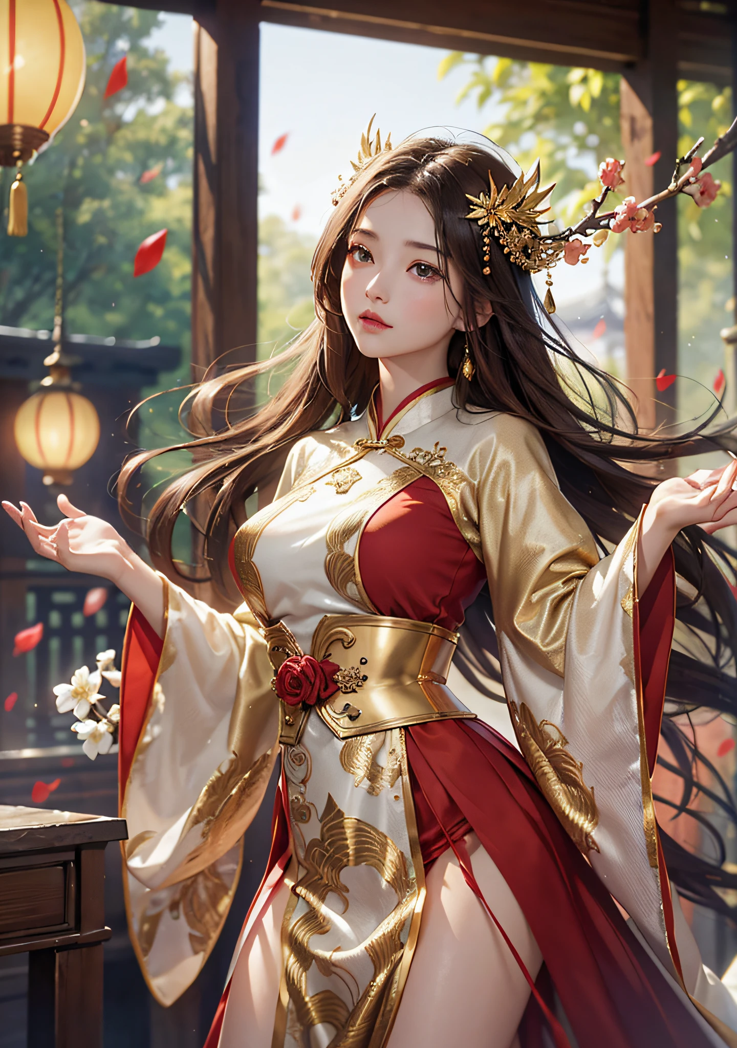 best quality, masterpiece, highres, (exquisite body:1.5),gorgeous face,(milky skin:1.3),Big boobs,G-cup,intricate details,high resolution,wallpaper,
1girl, solo, dress, hair ornament, (((gold and red dress))), flowers, long hair, brown hair, closed mouth, jewelry, long sleeves, hand up, wide sleeves, big eyes,floating hair, chinese clothes, hanfu, embroidery, long skirt, natural pose, falling petals, indoor,fanning, lantern,
16K,HDR,highres,depth field,(film grain:1.1),boken,golden hour,(lens flare),vignette,rainbowing,(color grading:1.5)