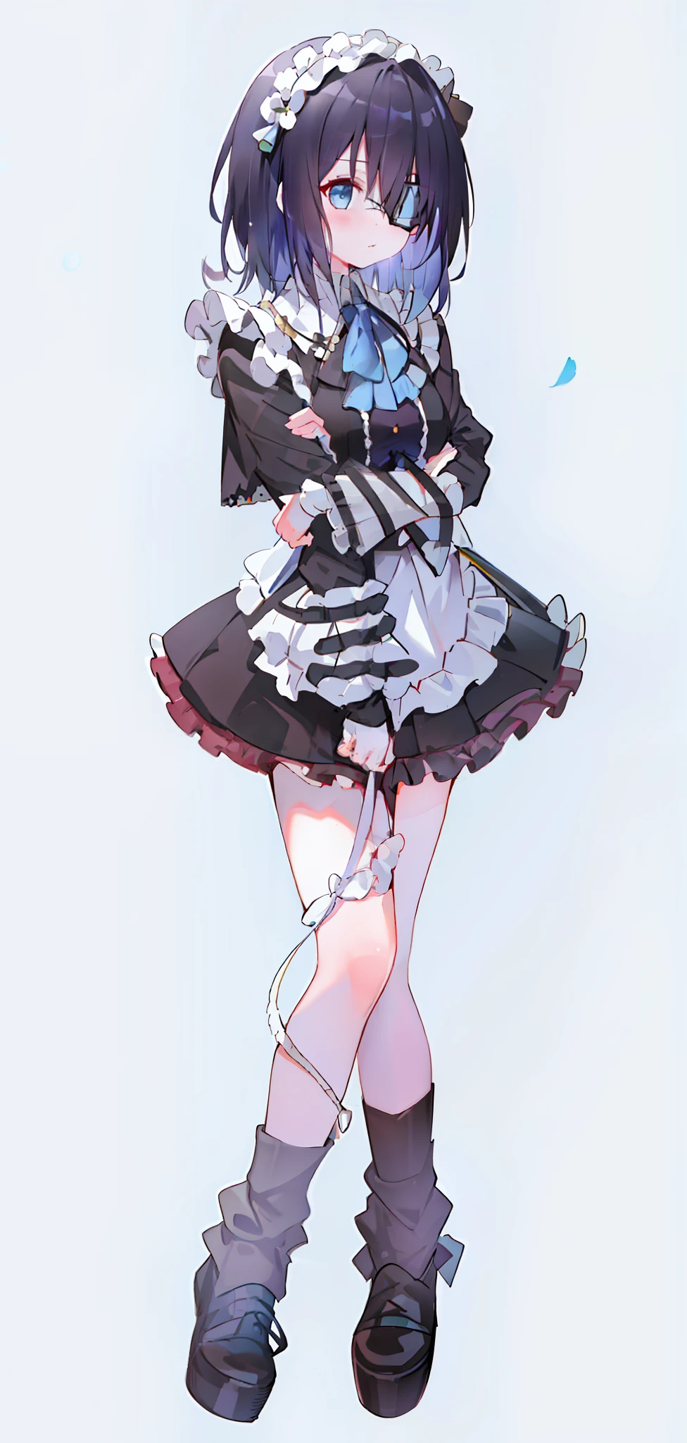 high res, masterpiece,Rikka Takanashi, black hair, solo, 1girl,outside,deatailed background, detailed eyes, ((blue eyes)), eyepatch