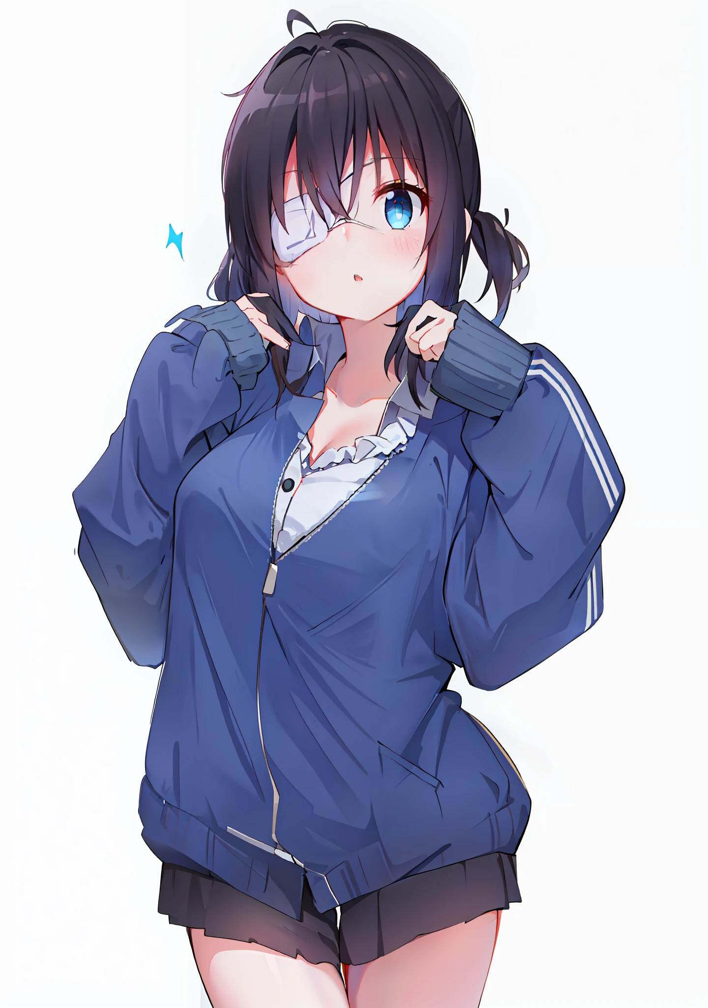 high res, masterpiece,Rikka Takanashi, black hair, solo, 1girl,outside,deatailed background, detailed eyes, ((blue eyes)), eyepatch