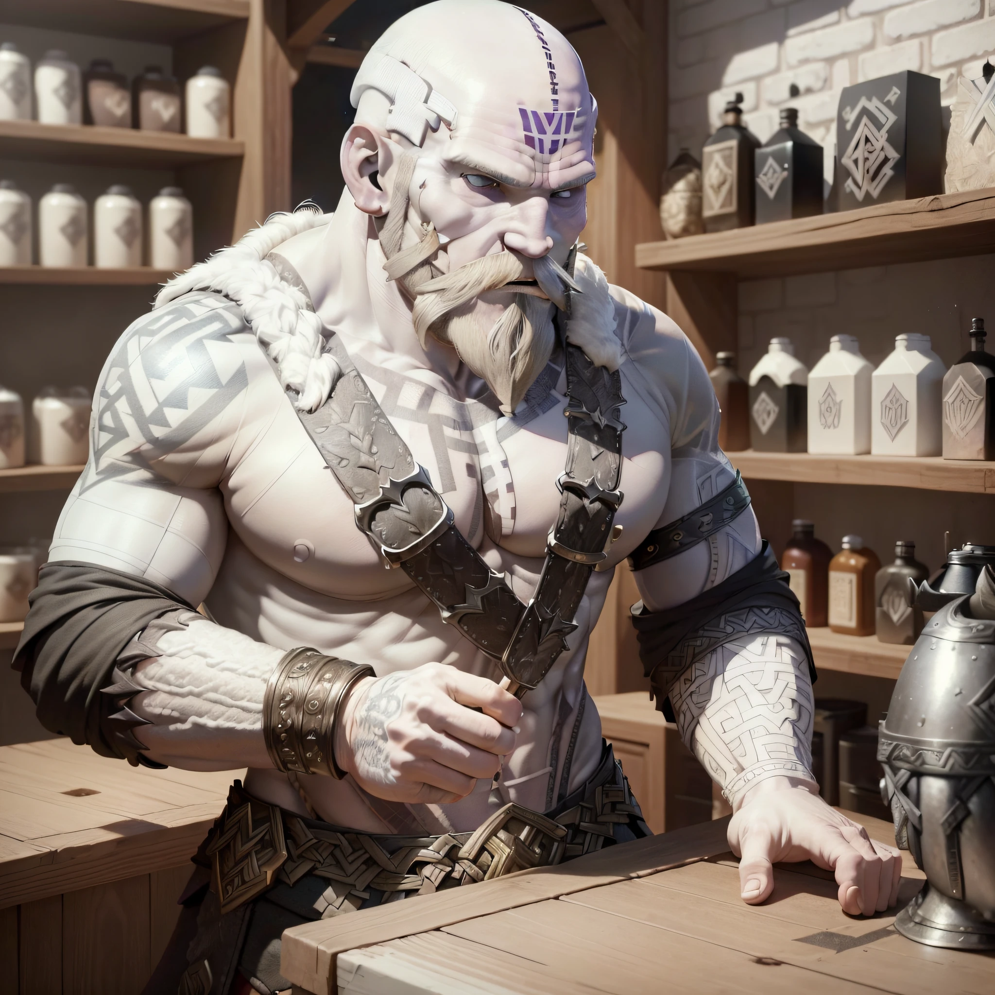 ((Cinematic light, Best quality, 8k, Masterpiece :1.3)), realism, male goliath 60 years old, muscular, white skin (white skin:2), square face, (bald:2), (black viking tattoos on face and head:2), full big black beard (big black beard:1.3), detailed eyes (white eyes:1.1), no pupils, he is wearing a poor old medieval clothes (medieval clothes:1.3), standing behind the counter of a medieval tavern, angle (from bellow:1.2), fantasy style, dark fantasy style, dark souls style, 1980 style, diablo style.