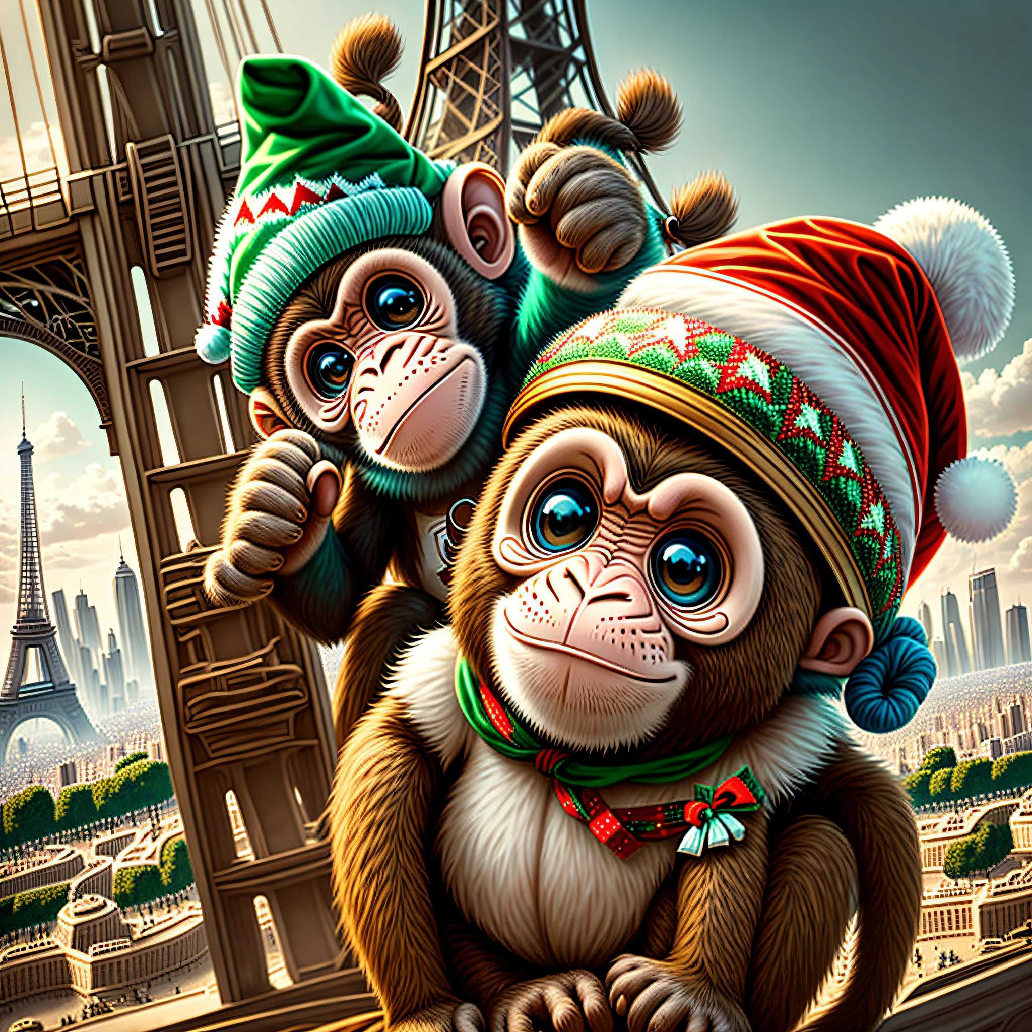 Monkey climbing the Eiffel Tower with a Christmas hat on his head --auto --s2