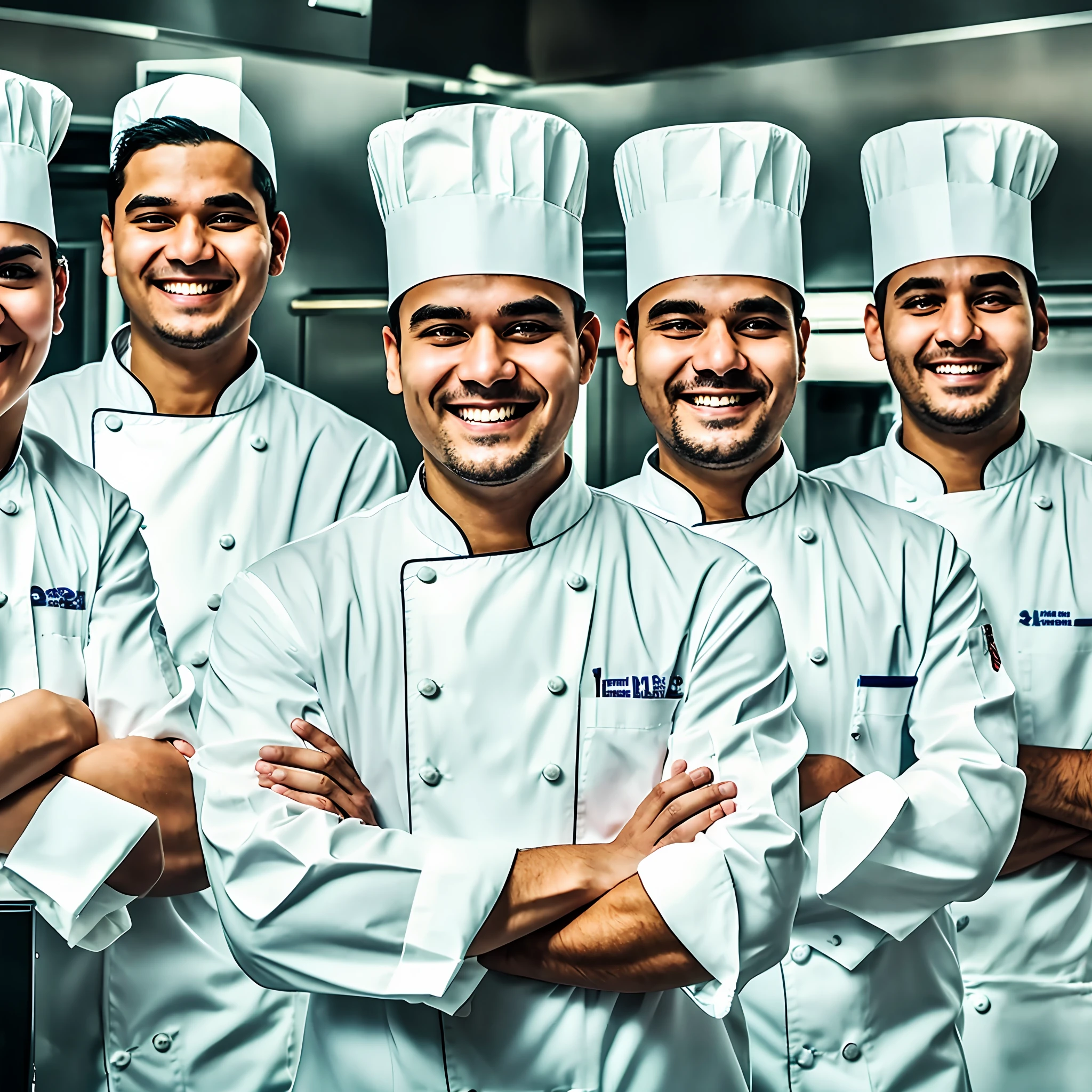 I want a photo that contains a team of cooks, they will be with their arms crossed, looking smilingly at the camera, in a stainless steel kitchen in the background, in high detail, shadow --auto --s2