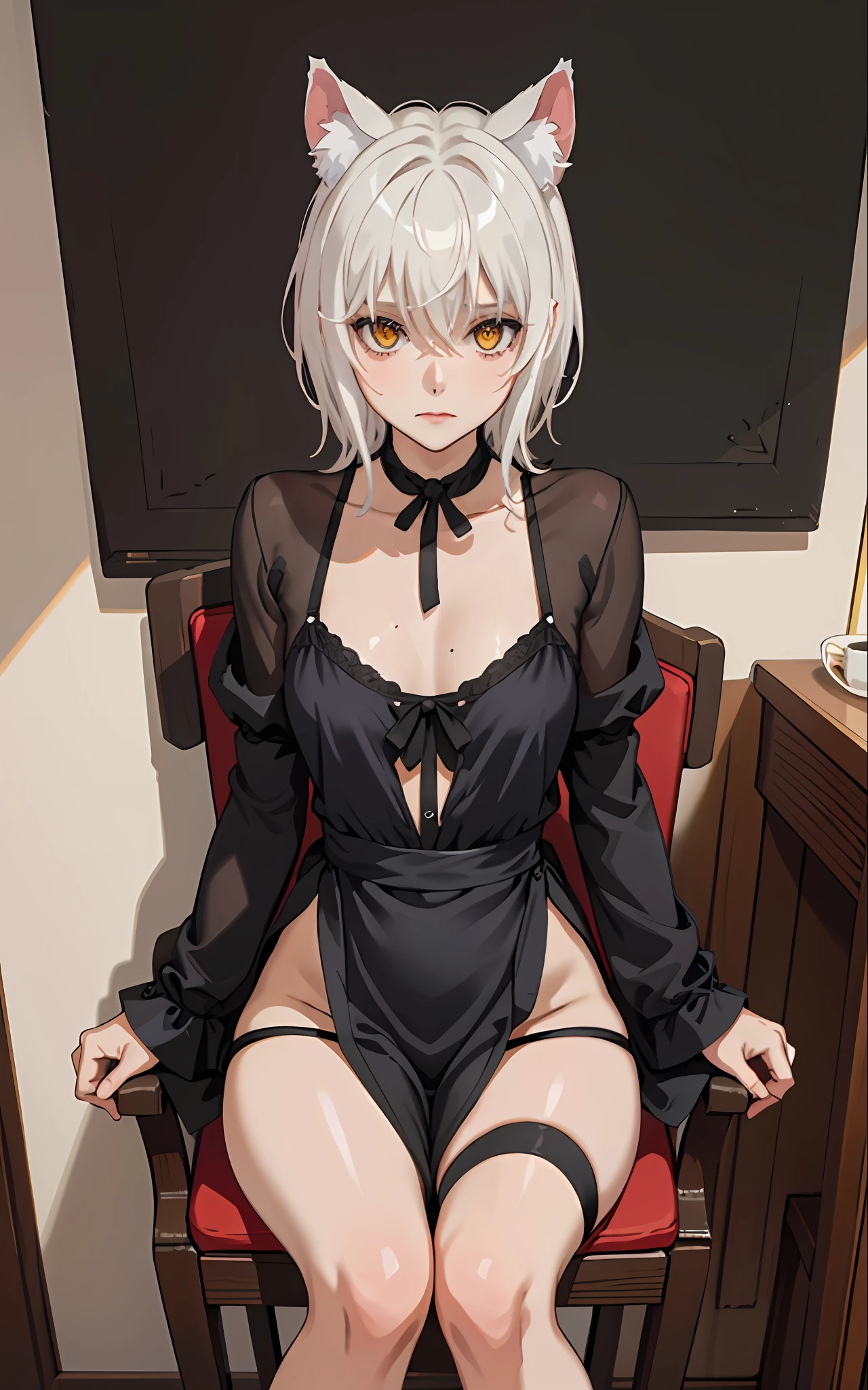 black negligee, black panties, thong, collarbone, masterpiece, best quality, highres, dark persona, watercolor painting theme,, cum on the face, cum on the chest), (looking at the viewer: 1.1), wide hips, big ass, tojou koneko, yellow eyes, white hair, short hair, cat ears, shirt, black ribbon around the neck, erotica, legs apart, sitting on a chair