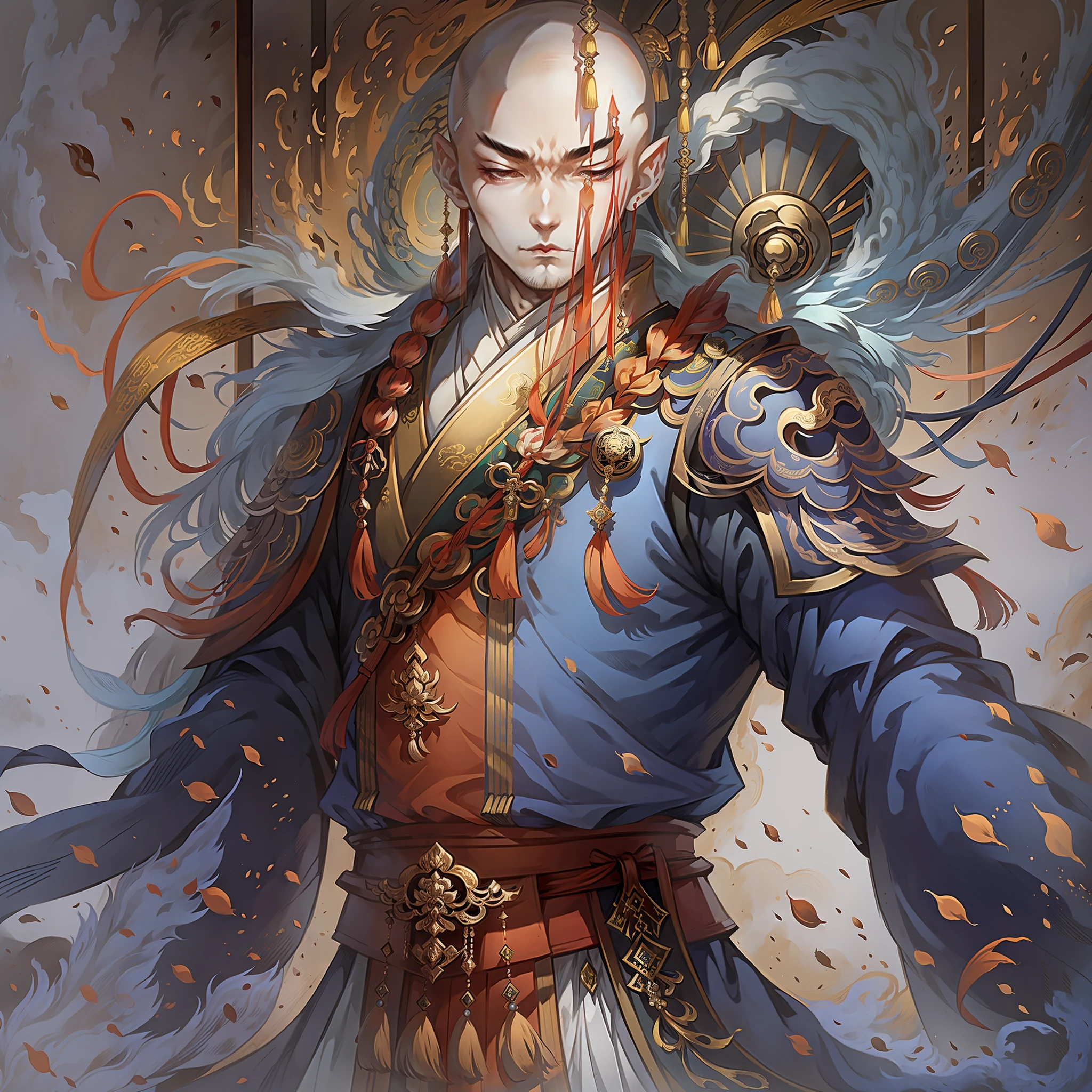 Chinese man with traditional hair outfit inspired by Huo Yuanjia jet li master of arms, colorful manga style drawing, personage with haircut with half bald and half with braid, traditional Chinese cut, manga dash --auto --s2