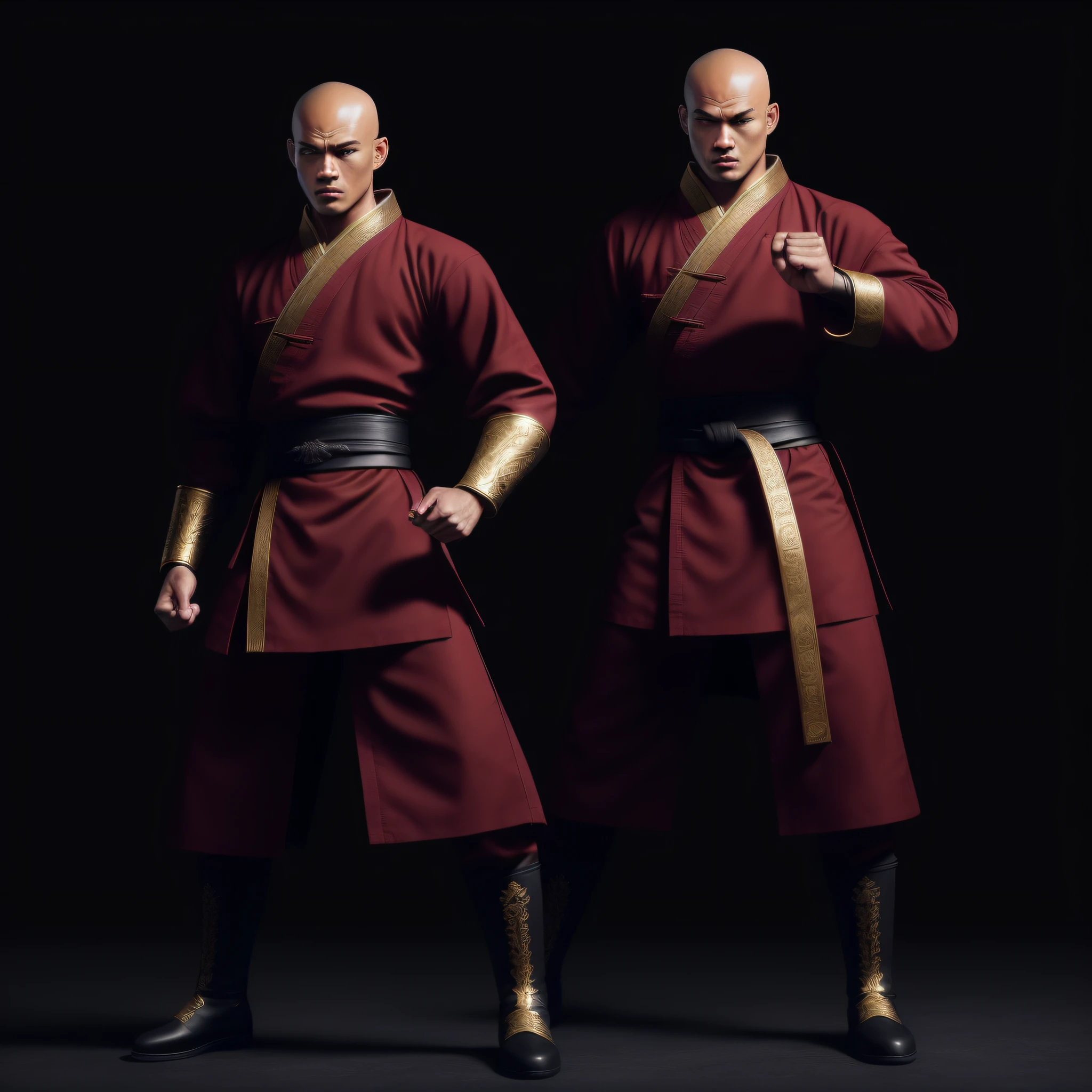 1 monk, monk facing camera, full body, perfect anatomy, (((perfect hands)), detailed intricate, costume, detailed dress, intricate dress, embroidered clothing, martial arts, rage, hd, 8k, ((shaolin)), ((monk)), warrior, artstation, powerful, realistic, art, masterpiece, standing, facing camera, facing front, looking forward, without weapons, with hands fighting posture, hands on the side of the body, Master Abbot, brown skin, black skin, brown eyes, costume in the lightest colors- black pants, red sash, green windbreaker, golden details, wearing black boots white details, minimalist clean background. (perfect body proportion), ((hand with five perfect fingers)), (perfect anatomy),(bald) hyper-realistic, 8k, mystical, brutal, fight, berserk, anger, hd, 8k, soft lighting, white background, high quality, maximum quality, flawless, one character per image, keep distance between one character and the other, hands without anatomical defects, perfect hands, hands without defects, hands with 5 fingers,