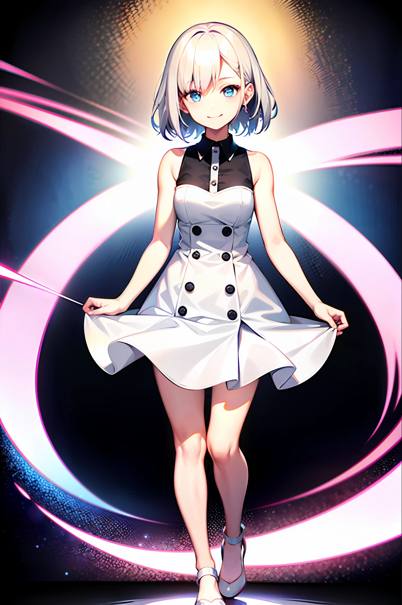Best Quality, Ultra High Definition, 1 Young Girl, Sleeveless Short White Dress with Buttons, Black Collar, Cute, Smiling, (Kpop Idol), (aegyo sal:1), (Platinum Blonde Hair:1), ((Blue Eyes)), Looking at the Viewer, Full Body, Looking Forward, Art by Makoto Shinkai