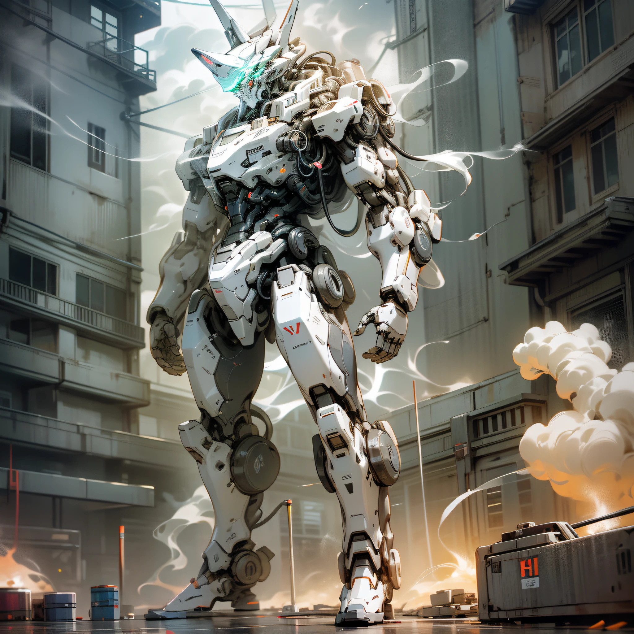 White robot, HD, house, building, body smoke, overload, neon, glasses shiny, super details, full body photo