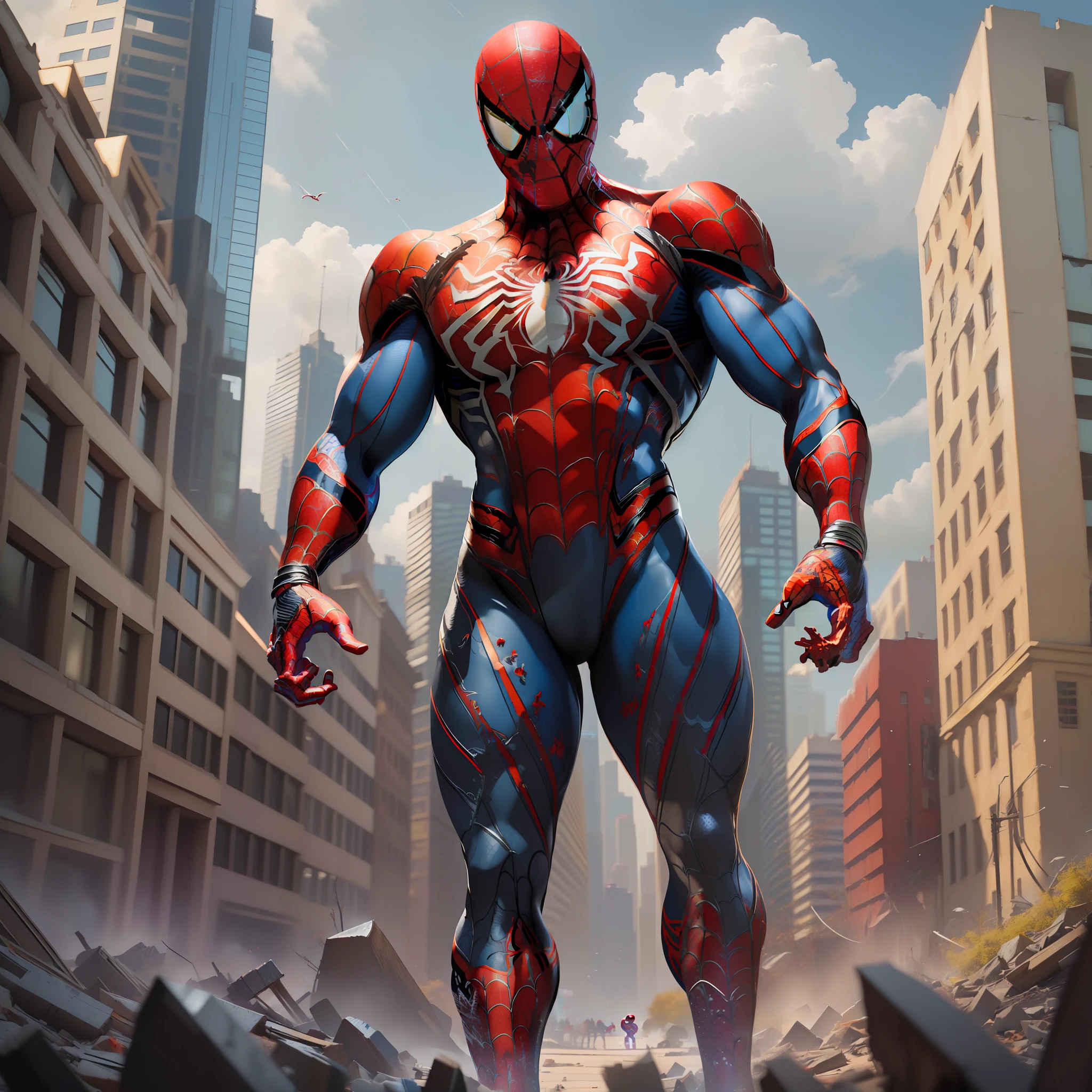 (Masterpiece, Superb Quality, Super Detail, High Resolution), Male Focus, (((Spider-Man)), (Muscular Man)))), (((Muscle Detail))), (Spider-Man Armor))), (Standing, Hands on HIPS), Posing for Photos, City Ruins, Background Details, (((Full Body))), (((Spider-Man Mega Sense))