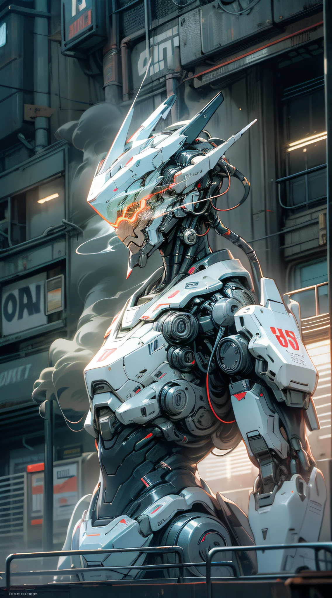 White robot, HD, house, building, body smoke, overload, neon signs, glasses shiny, super details