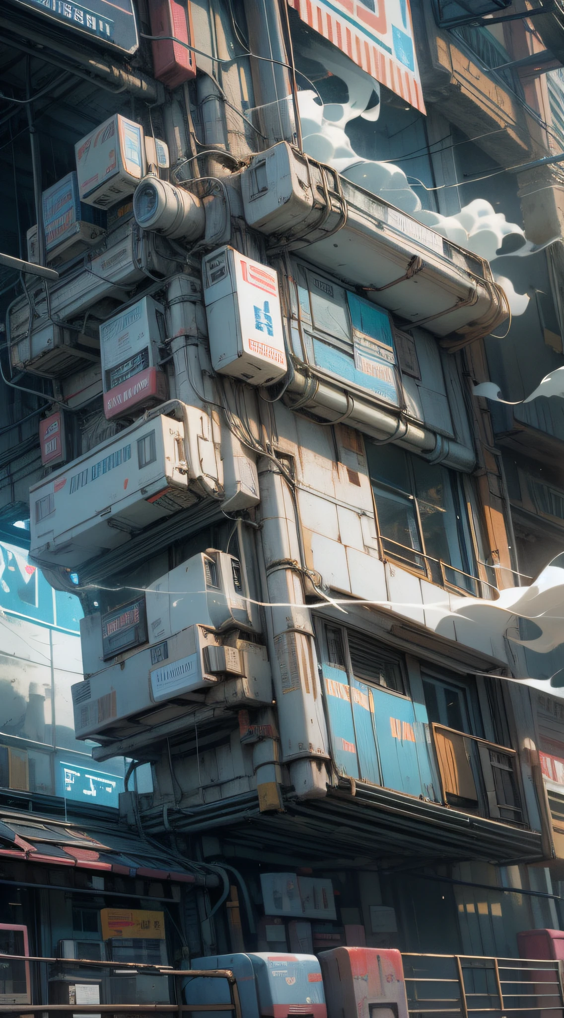 White robot, HD, house, building, body smoke, overload, neon signs, glasses shiny, super details