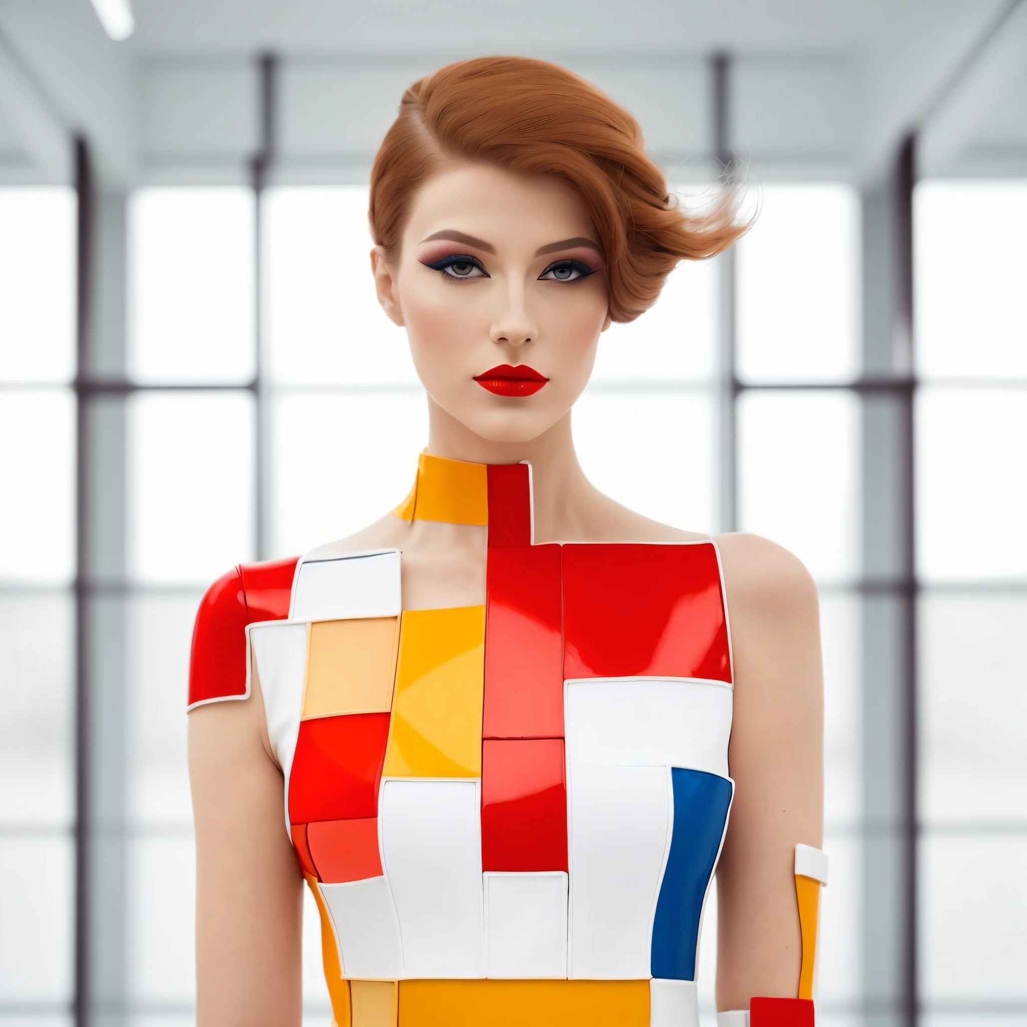 a close up of a woman in a colorful dress with a red lip, inspired by Mondrian, avant garde fashion model, fashionable futuristic woman, cyborg fashion model, inspired by Piet Mondrian, inspired by Darek Zabrocki, beautiful android woman, futuristic look, inspired by Karel Dujardin, geometric abstract beauty, futuristic fashion, futuristic woman portrait