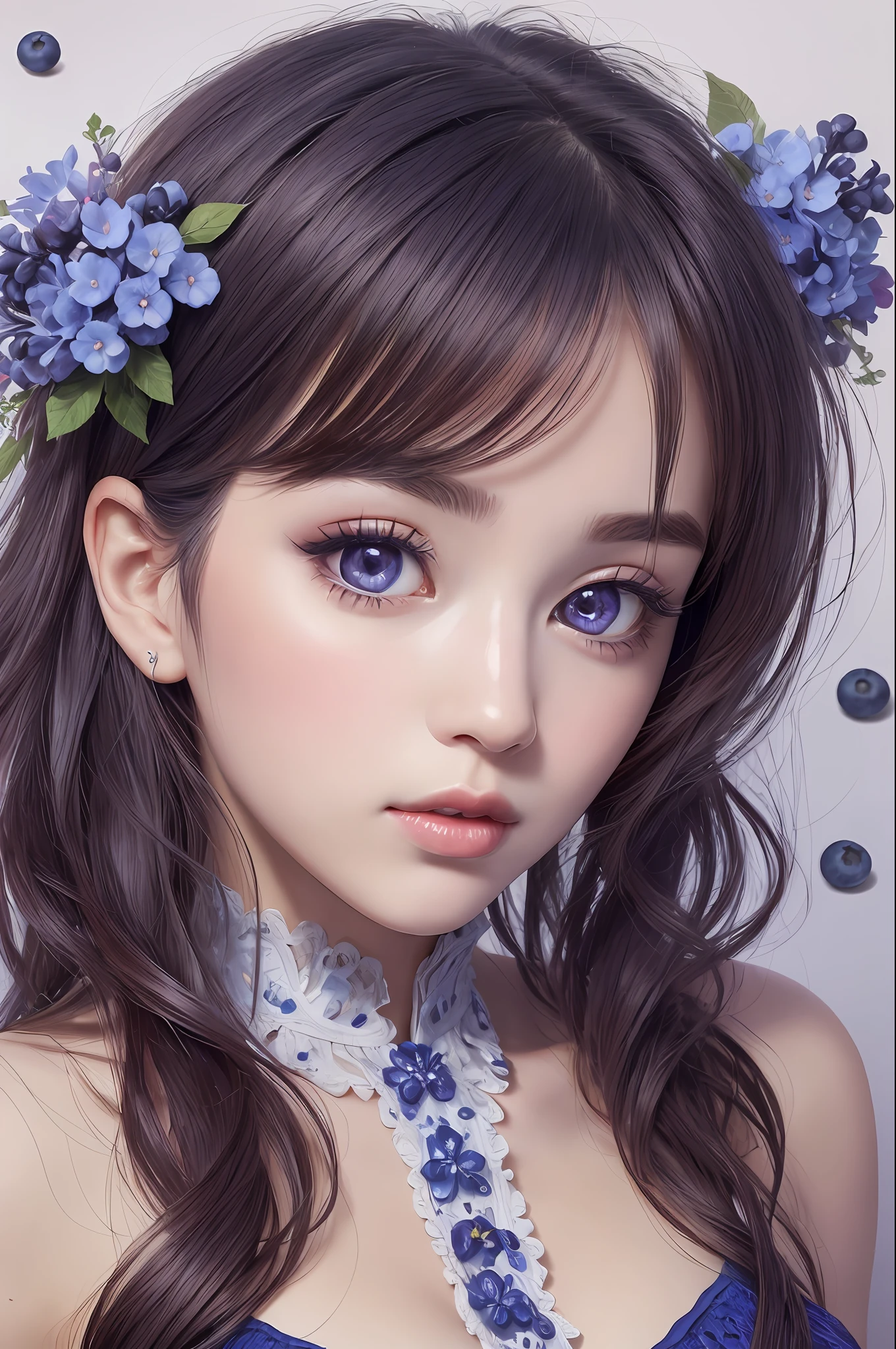 Absurd, ultra-detailed, high quality, masterpiece, detailed face, beautiful eyes(detailed eyes),  Dreamy , Romantic , Vivid, girl , blueberry fruits , blueberry muffin character, cute , whole body